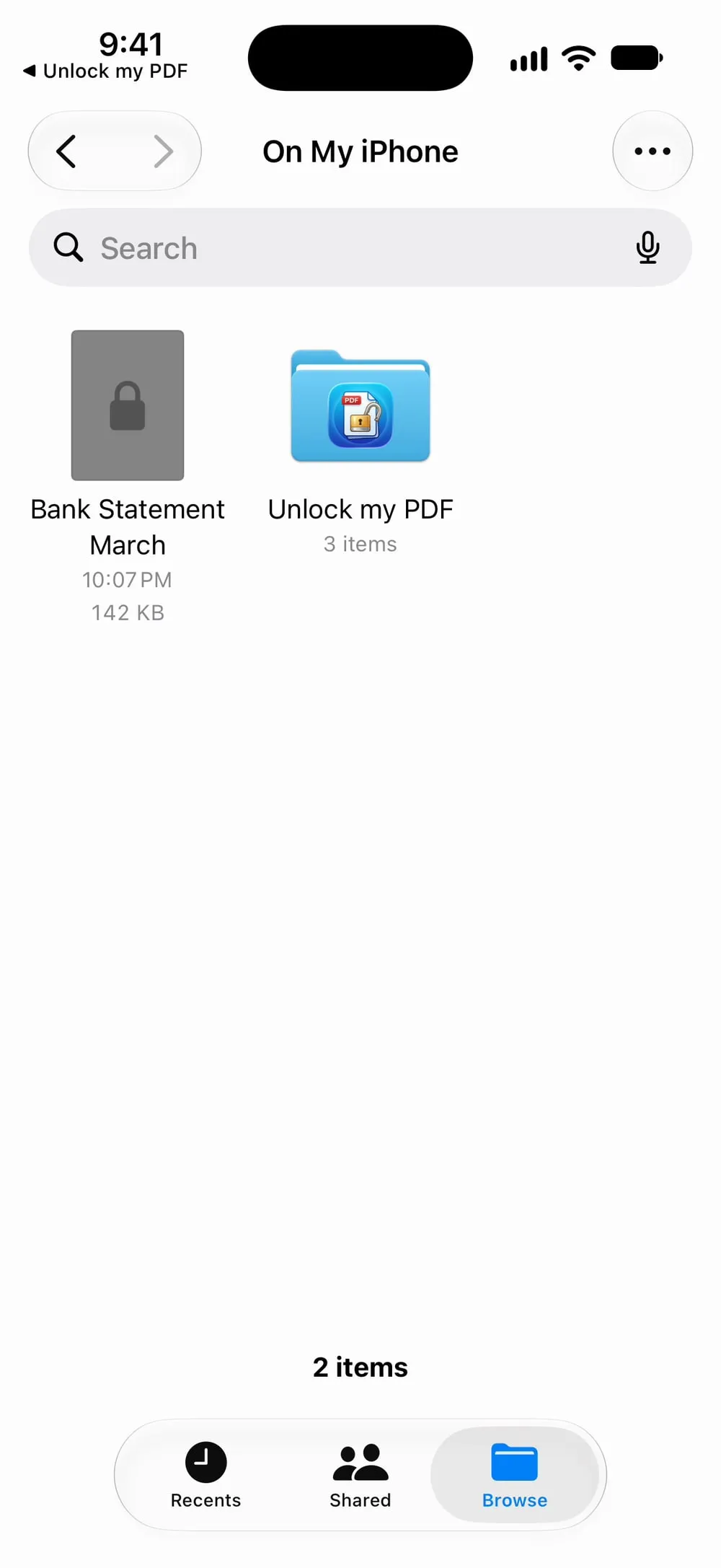 Files, On My iPhone, with Bank Statement March, a protected PDF
