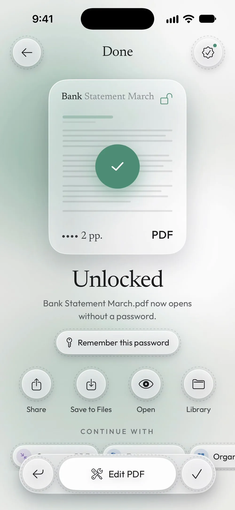 Unlocked: Bank Statement March.pdf, with the Remember this password button