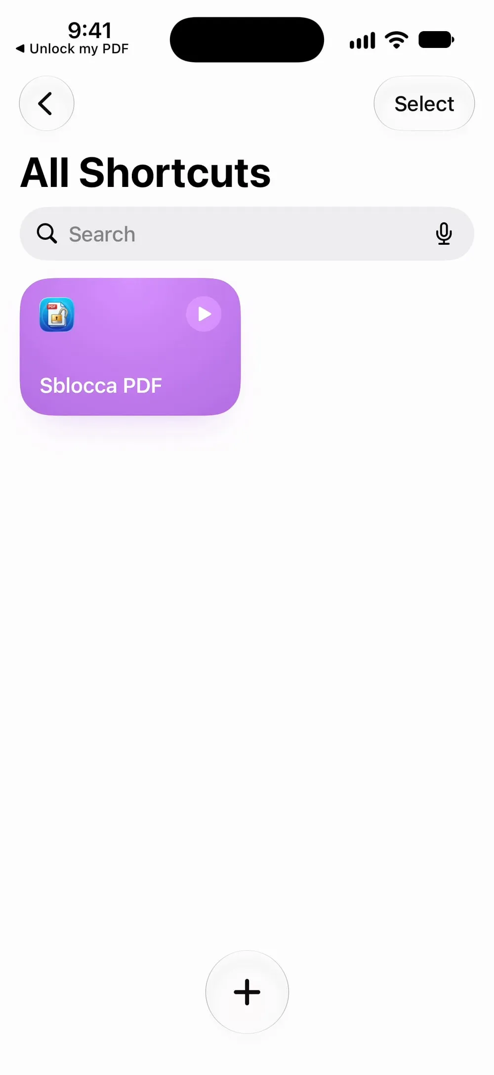 The Shortcuts app with All Shortcuts and the + button