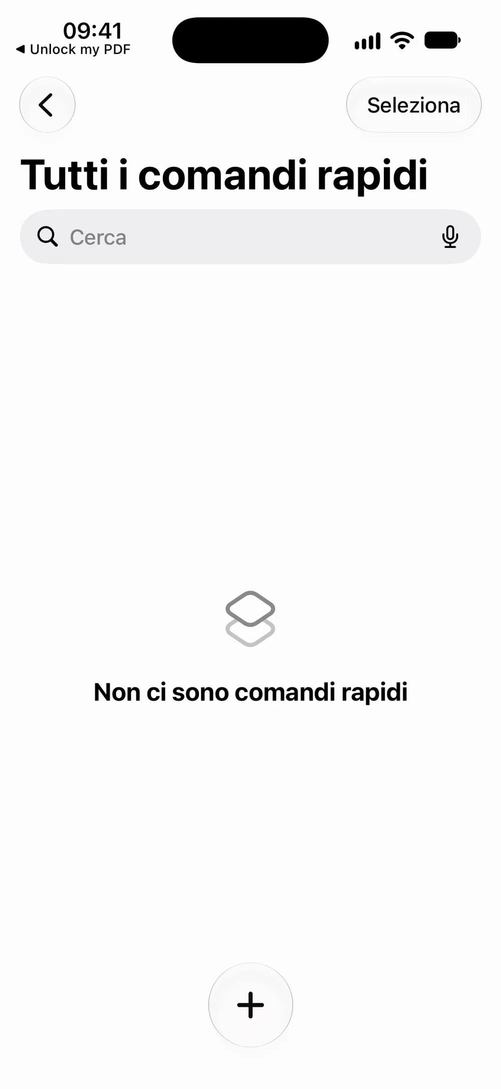 L'app Comandi rapidi con Tutti i comandi rapidi e il pulsante +