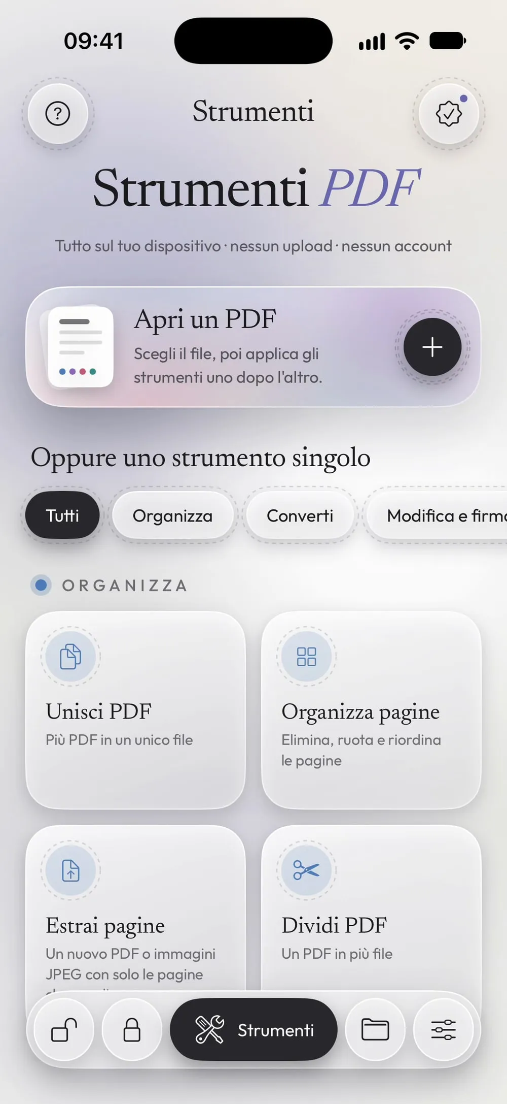 La tab Strumenti con Apri un PDF e le carte degli strumenti