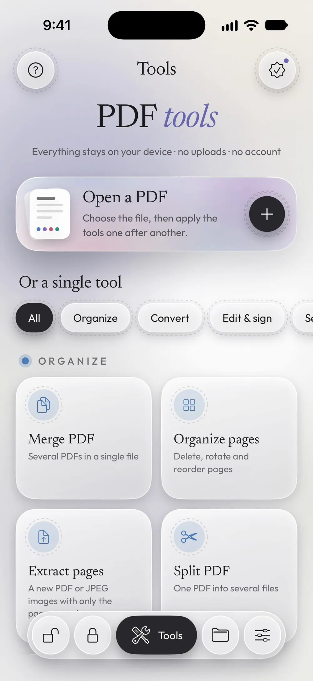 The Tools tab with Open a PDF and the cards of the tools