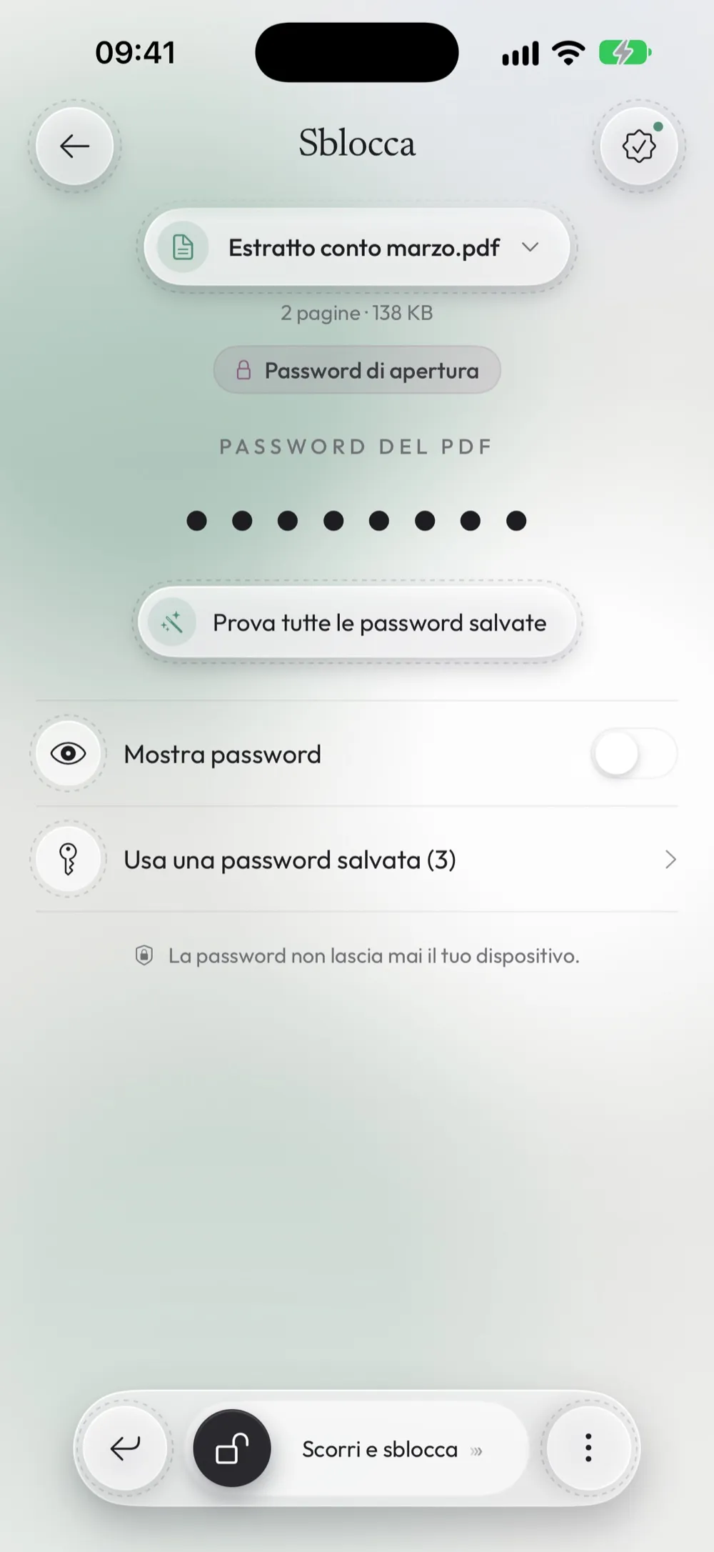 La schermata Sblocca con un estratto conto e la sua password