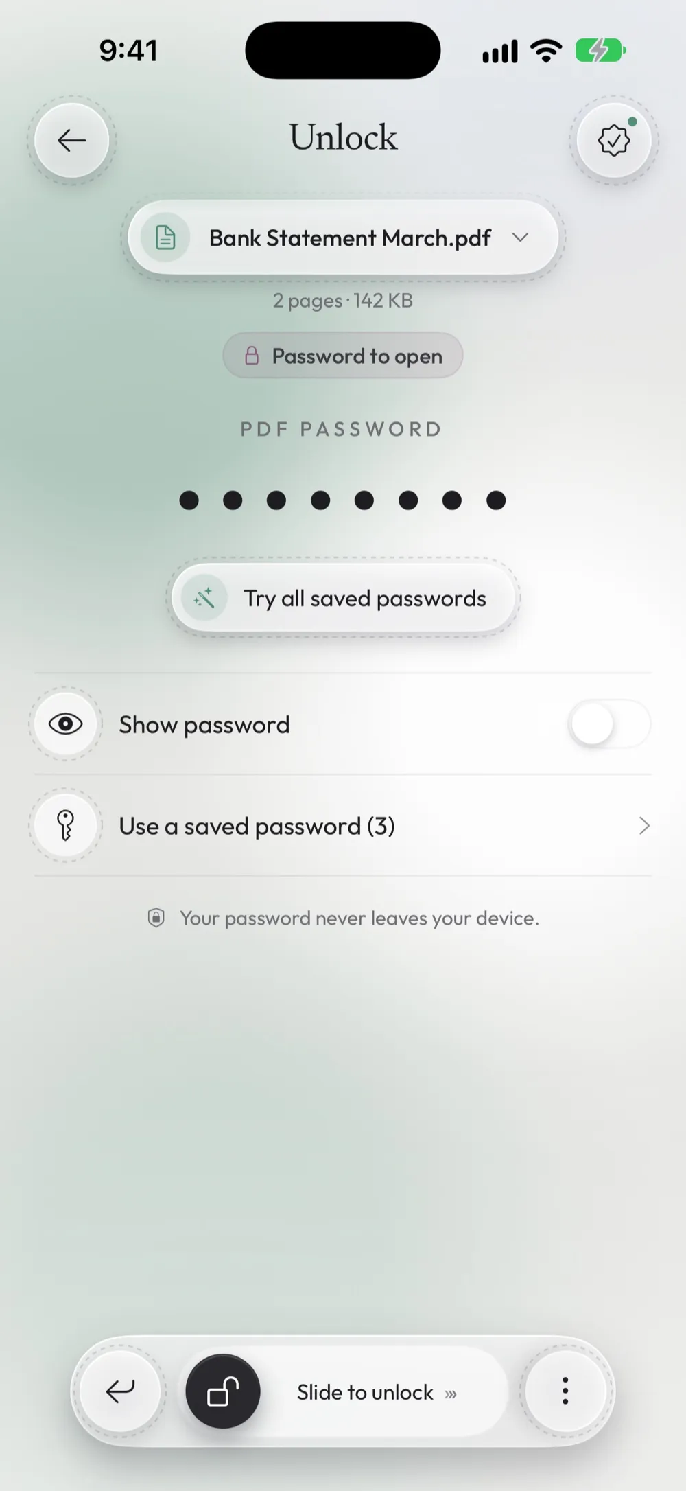 The Unlock screen with a bank statement and its password