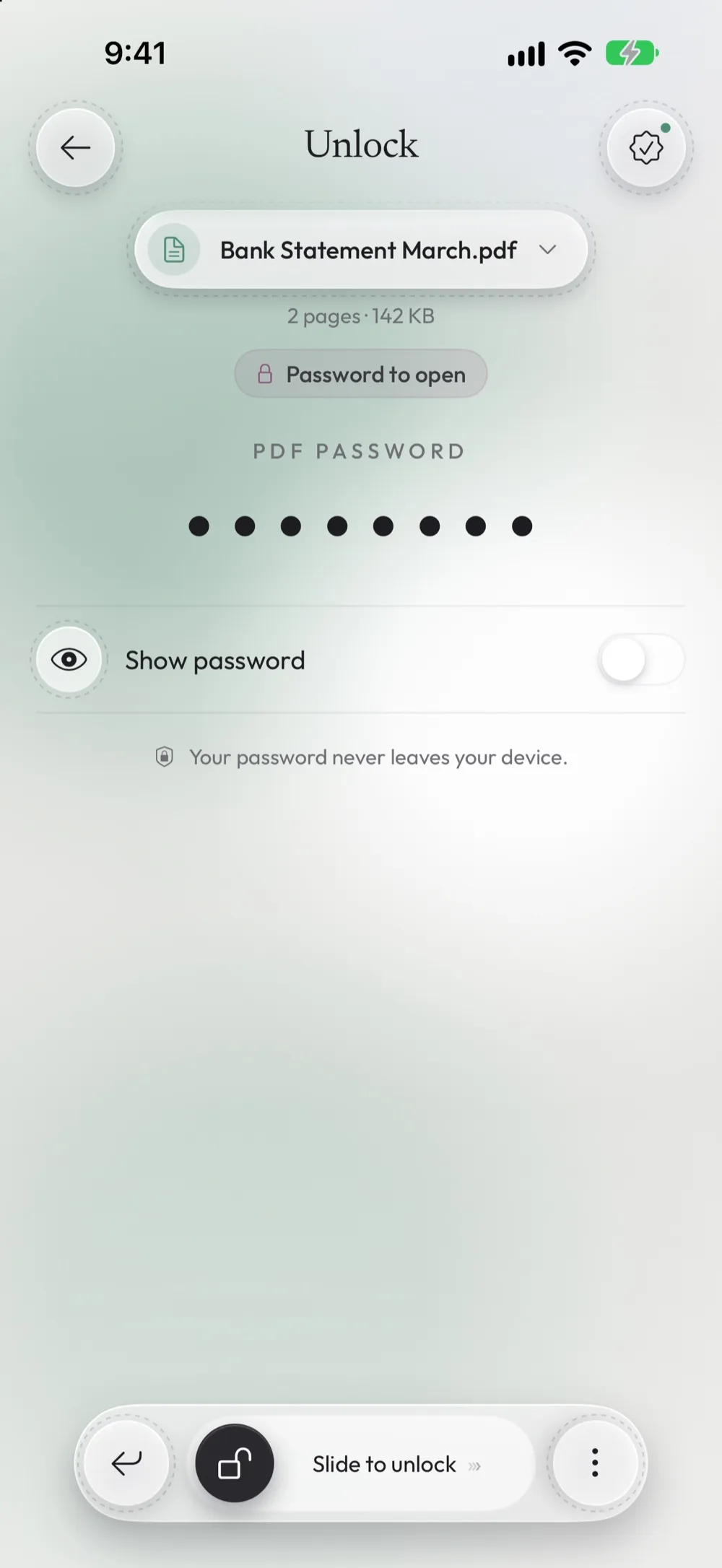 The Unlock screen with Bank Statement March.pdf chosen and the label Password to open