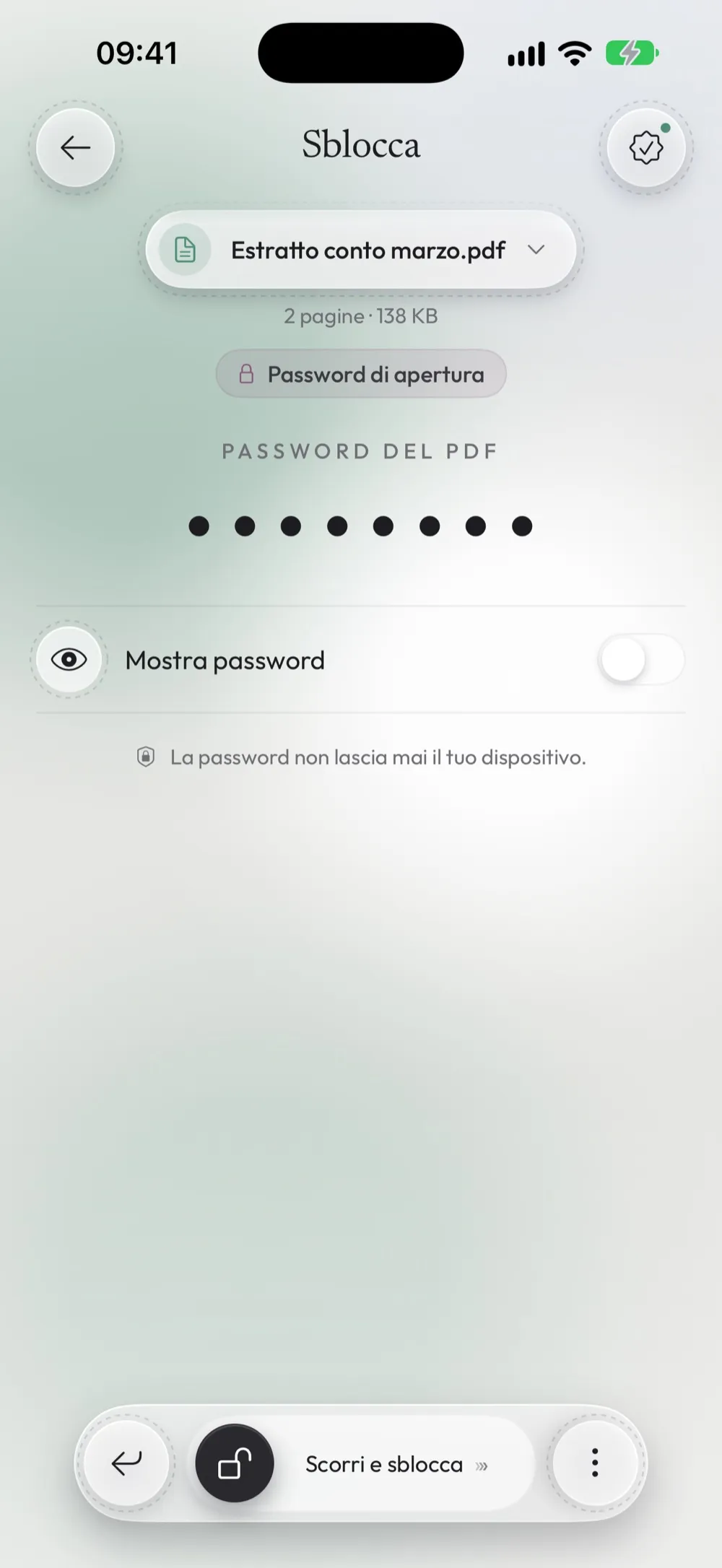La schermata Sblocca con Estratto conto marzo.pdf scelto e l'indicazione Password di apertura