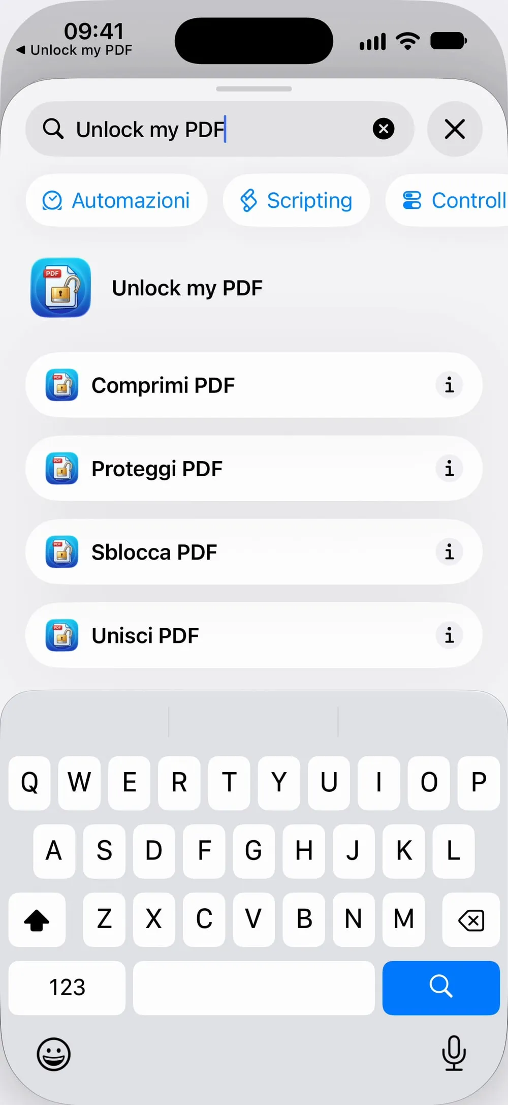 Ricerca di Unlock my PDF fra le azioni: Comprimi PDF, Proteggi PDF, Sblocca PDF e Unisci PDF