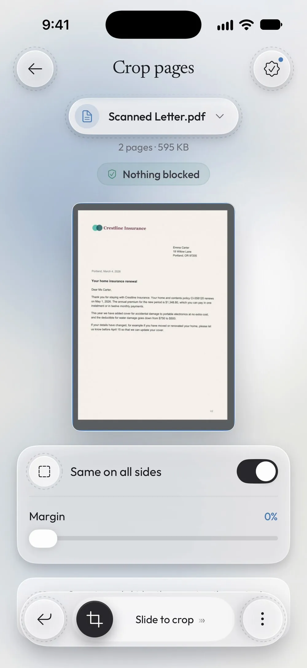 Crop pages with Scanned Letter.pdf: preview of page 1, Same on all sides on, margin 0%