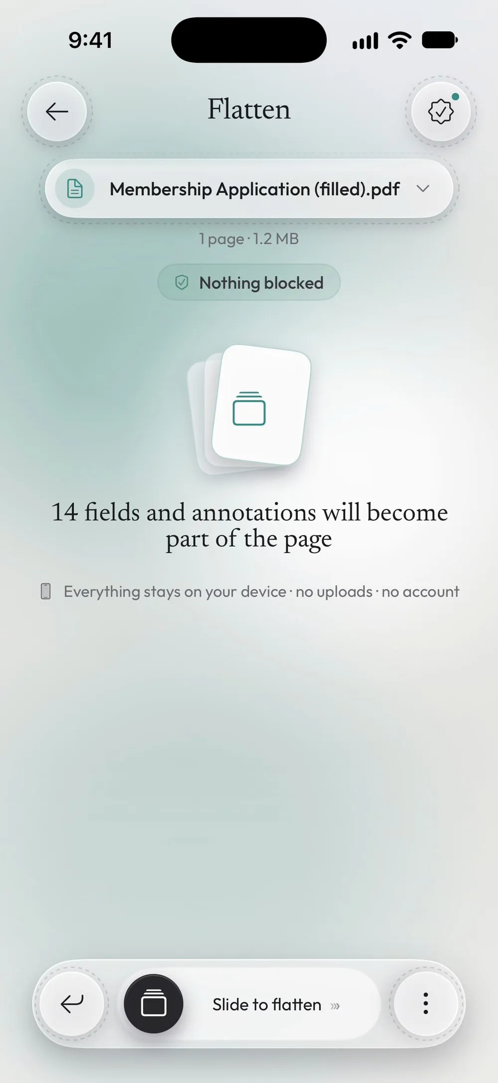 Flatten with Membership Application (filled).pdf: 14 fields and annotations will become part of the page