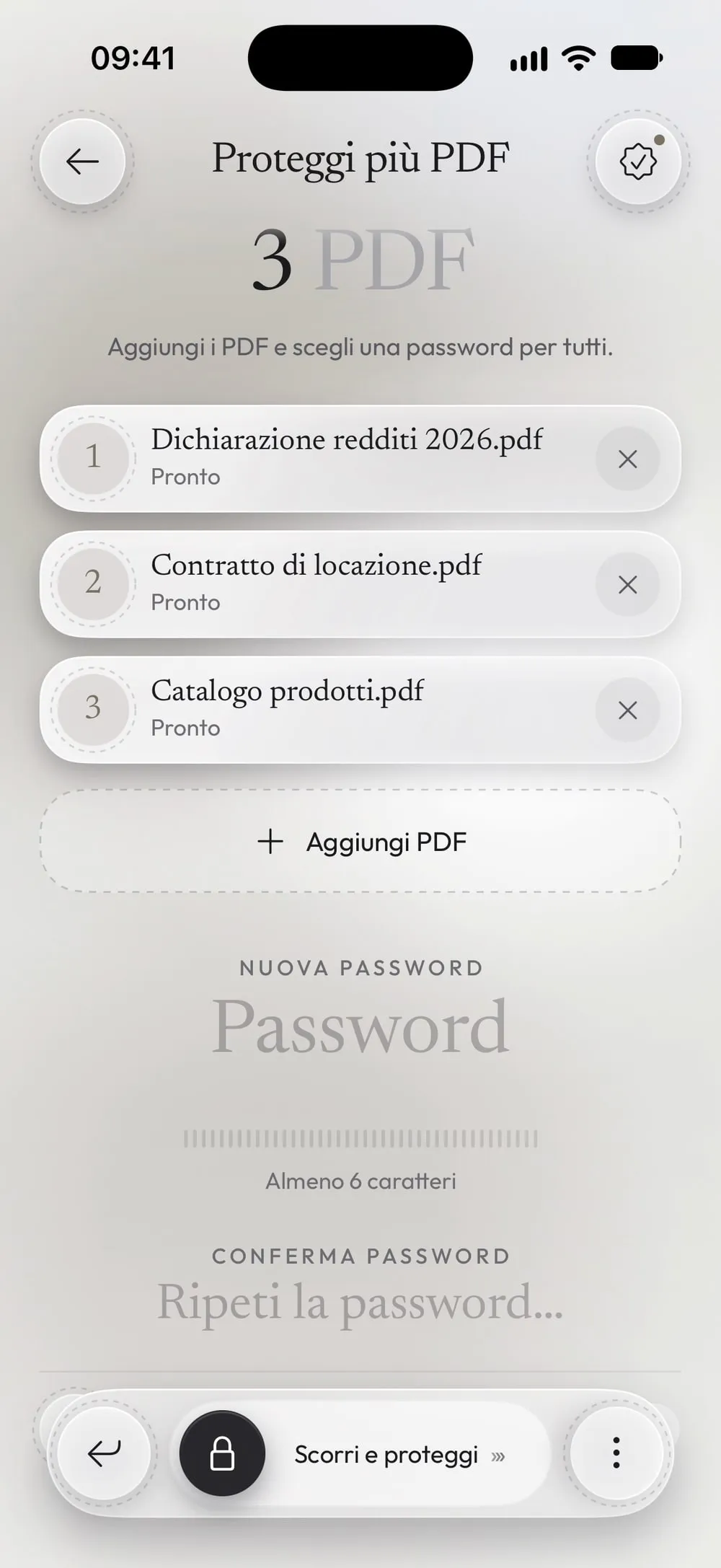 Tre PDF aggiunti a Proteggi più PDF