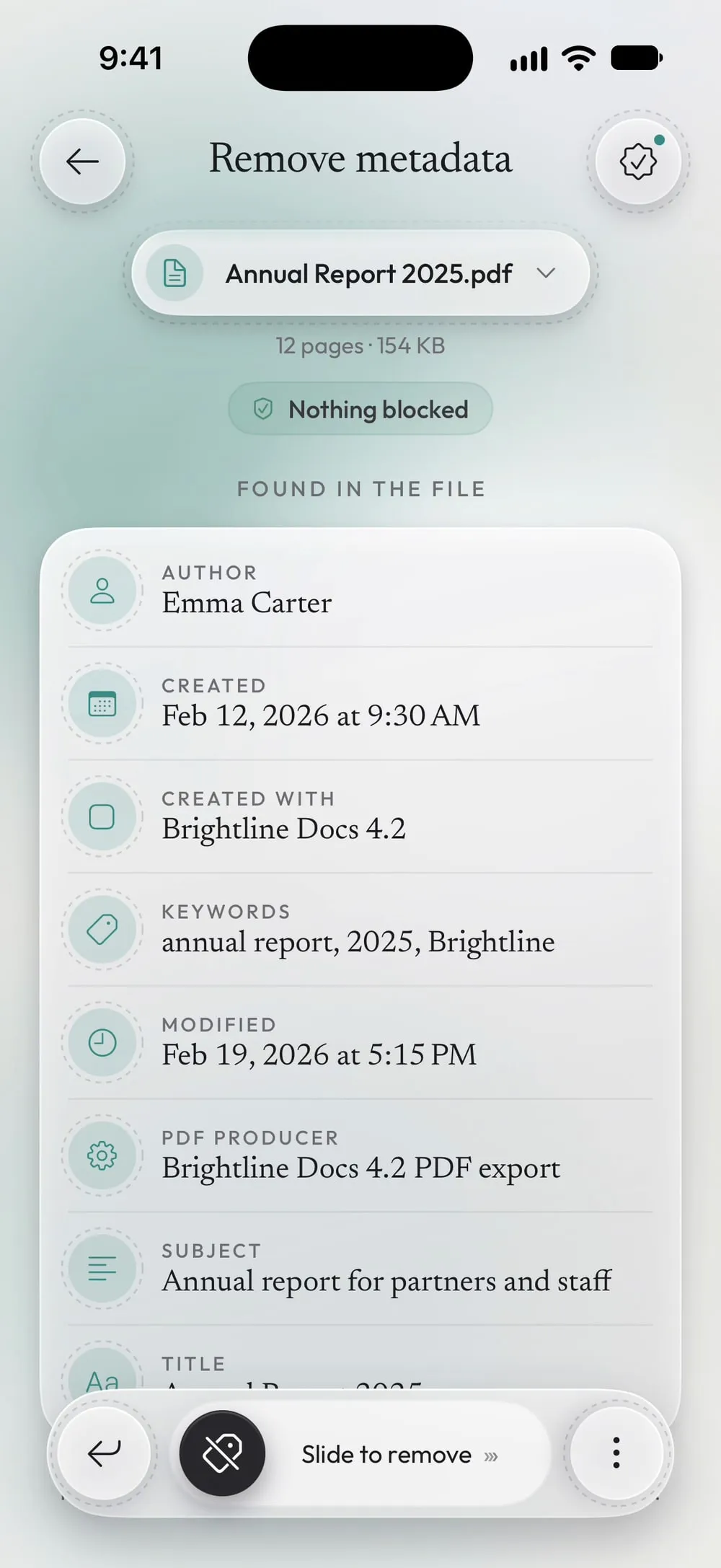 Found in the file: author Emma Carter, creation date, Brightline Docs 4.2, keywords and more