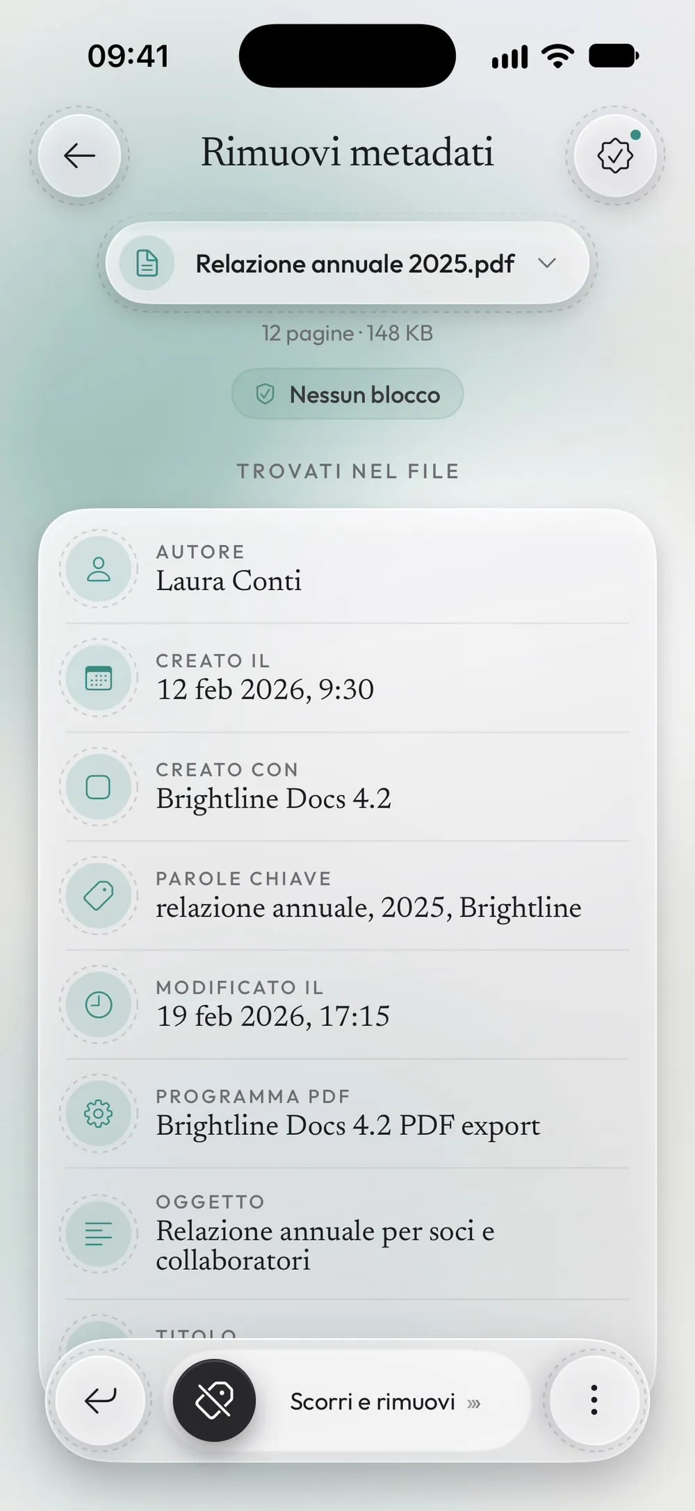 Trovati nel file: autrice Laura Conti, data di creazione, Brightline Docs 4.2, parole chiave e altro