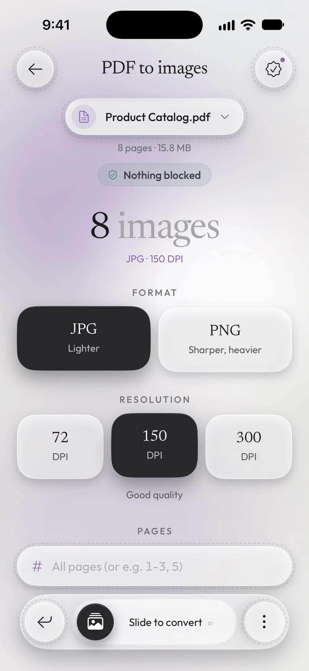 PDF to images with Product Catalog.pdf: 8 images, JPG, 150 DPI