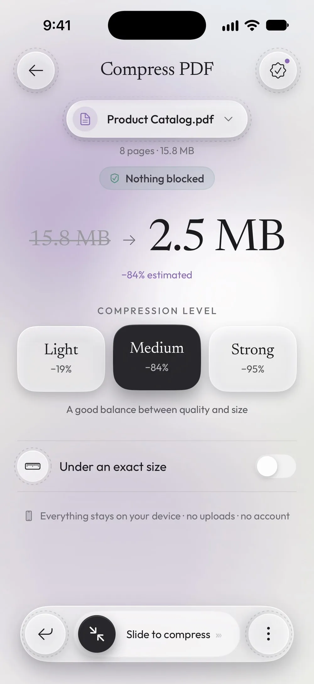 Compress PDF with Product Catalog.pdf, 15.8 MB: Medium level and Under an exact size off