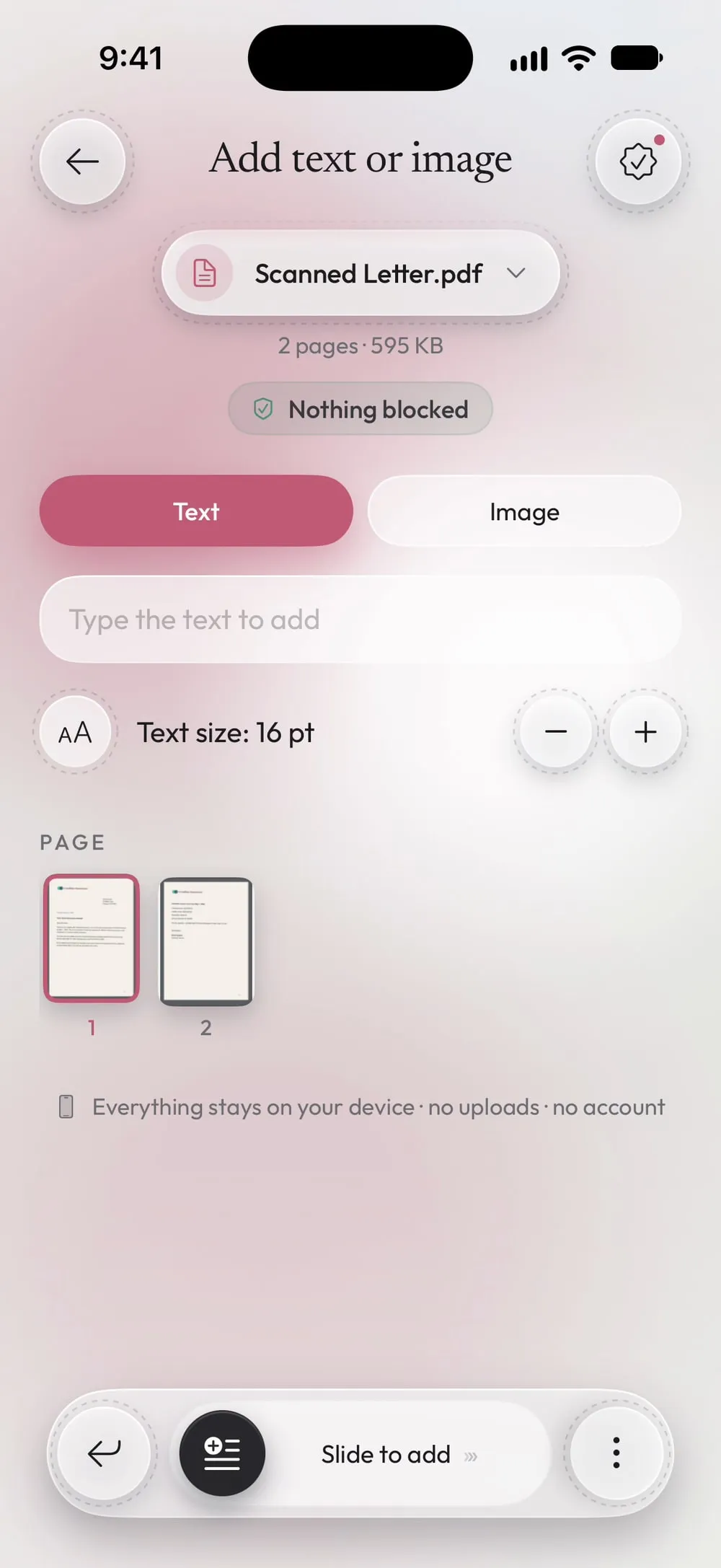 Add text or image with Scanned Letter.pdf: Text selected, the field and the text size