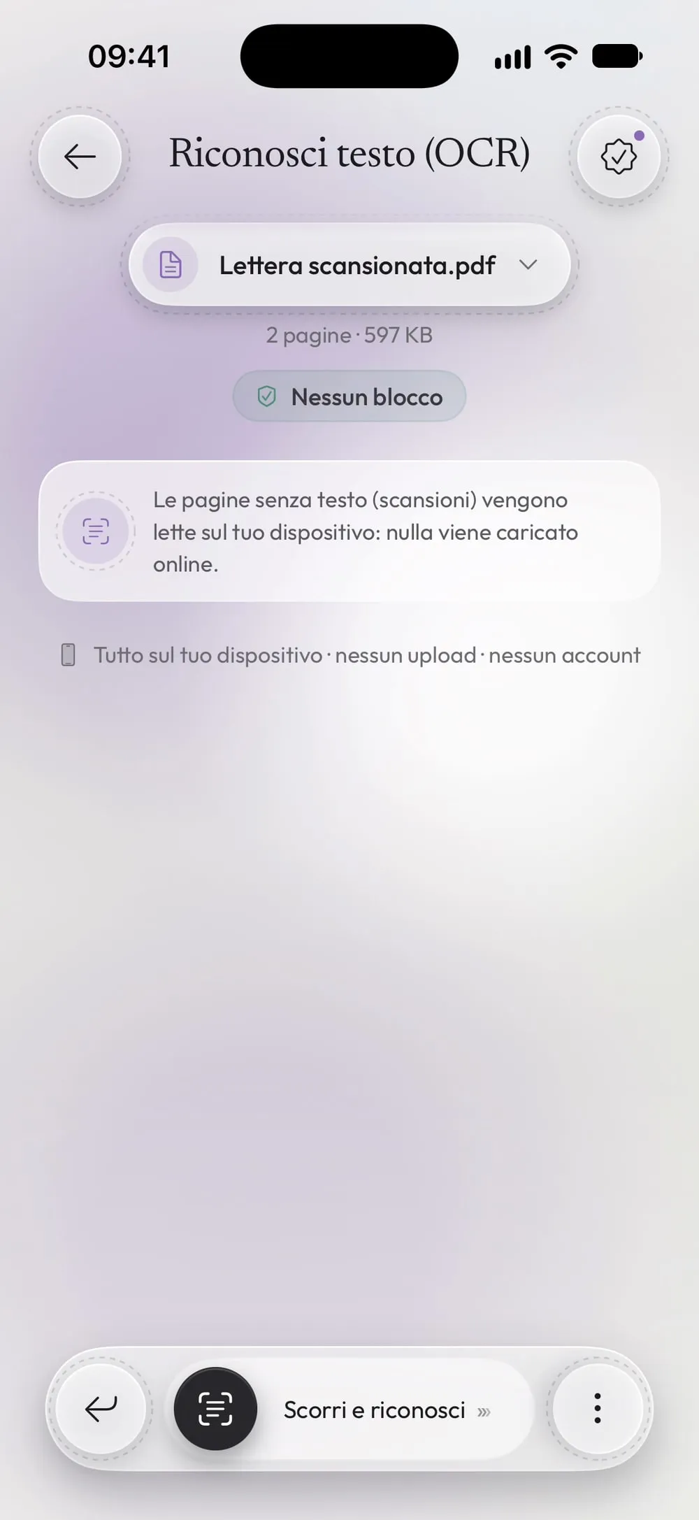 Riconosci testo (OCR) con Lettera scansionata.pdf: le pagine senza testo vengono lette sul dispositivo