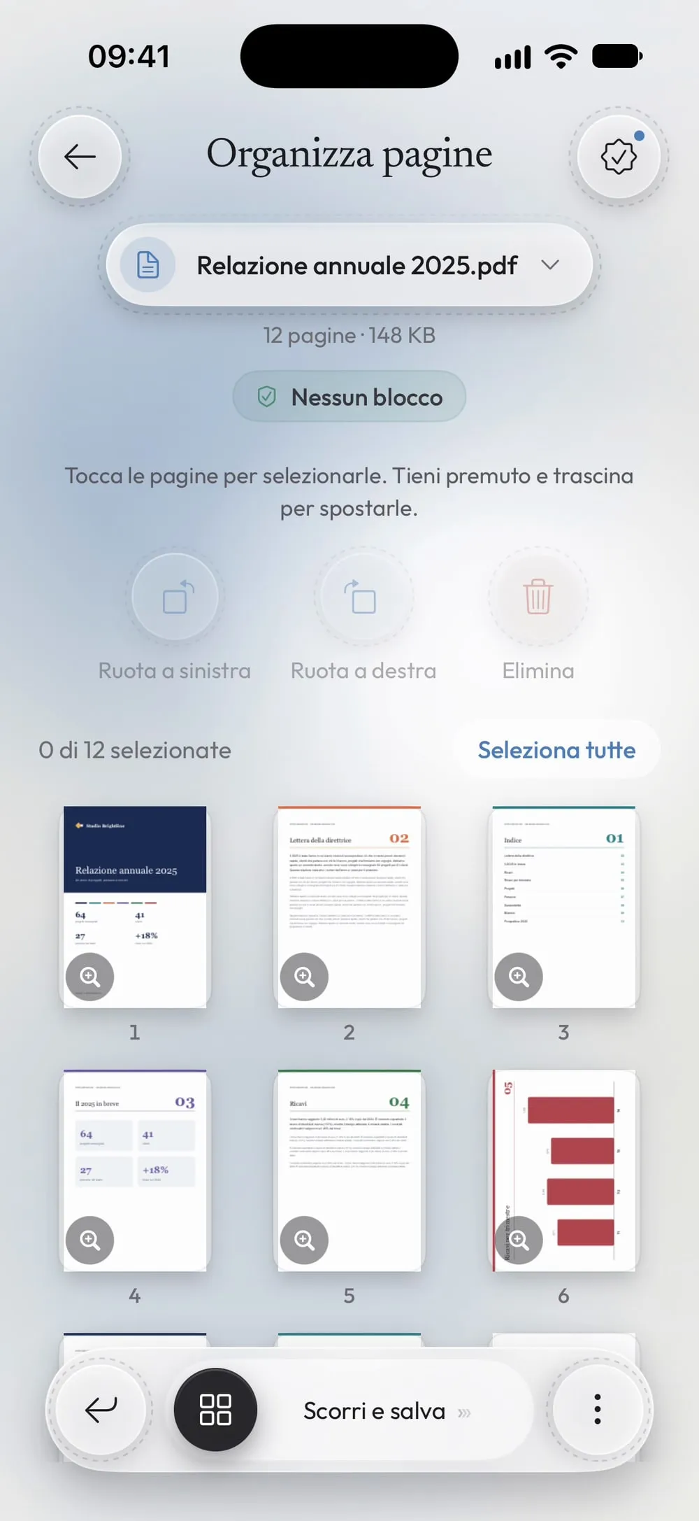 Organizza pagine con il suggerimento: tocca le pagine per sceglierle, tieni premuto e trascina per spostarle