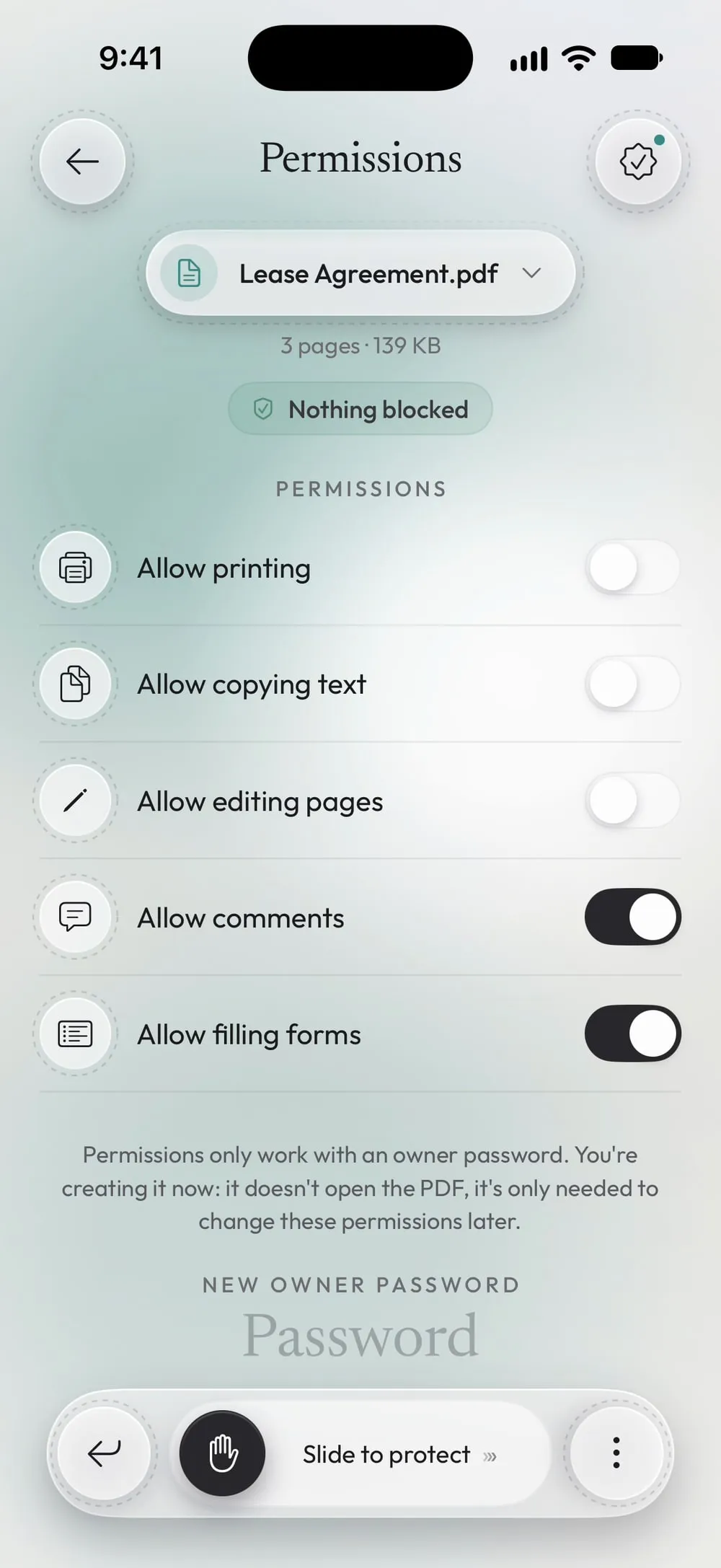 Permissions: printing, copying and editing off, comments and forms on