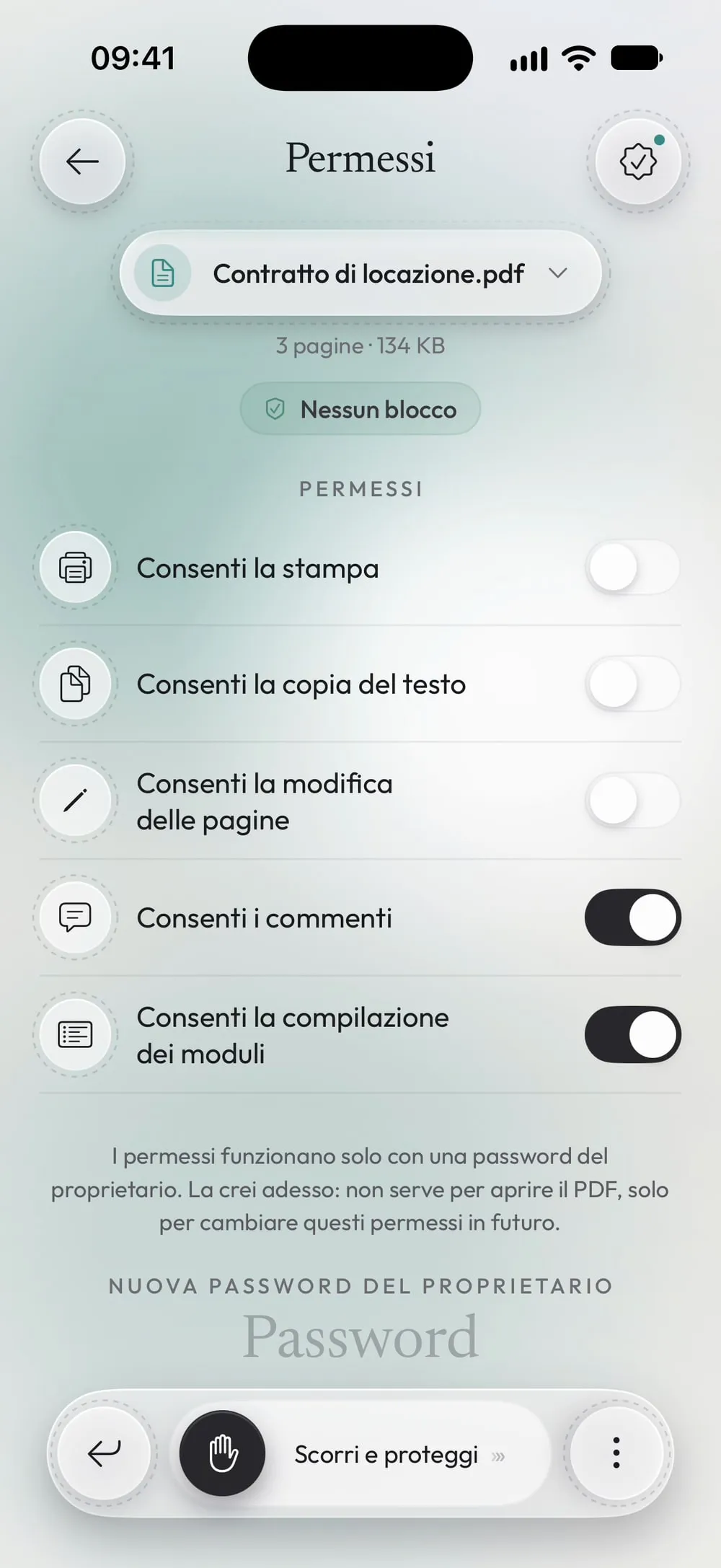 Permessi: stampa, copia e modifica spente, commenti e moduli accesi