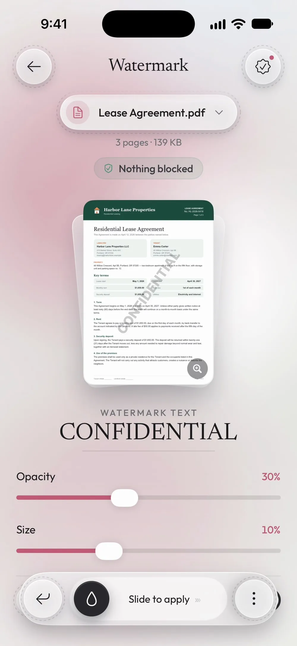 Watermark with Lease Agreement.pdf: CONFIDENTIAL on the preview, opacity 30%, size 10%