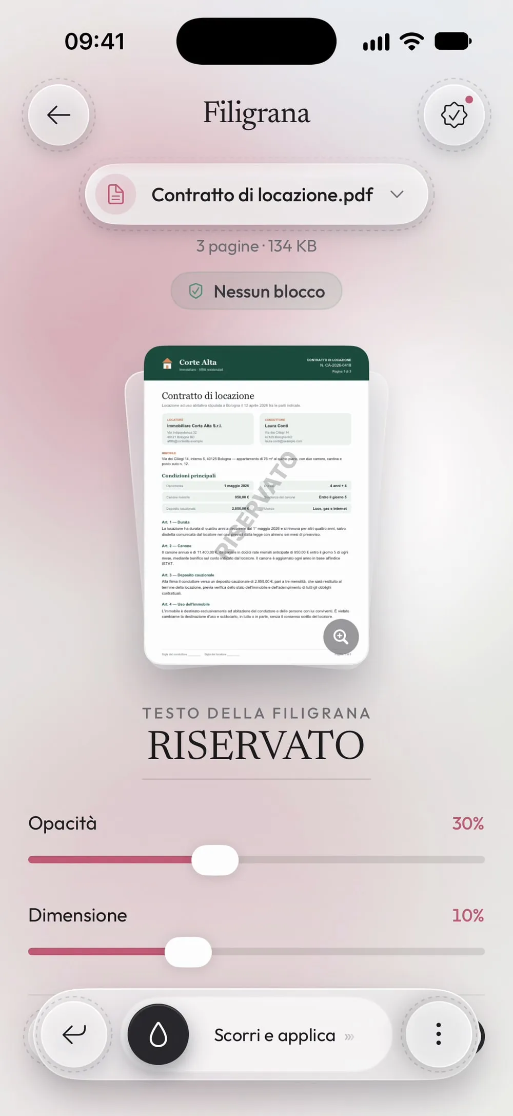Filigrana con Contratto di locazione.pdf: RISERVATO sull'anteprima, opacità 30%, dimensione 10%