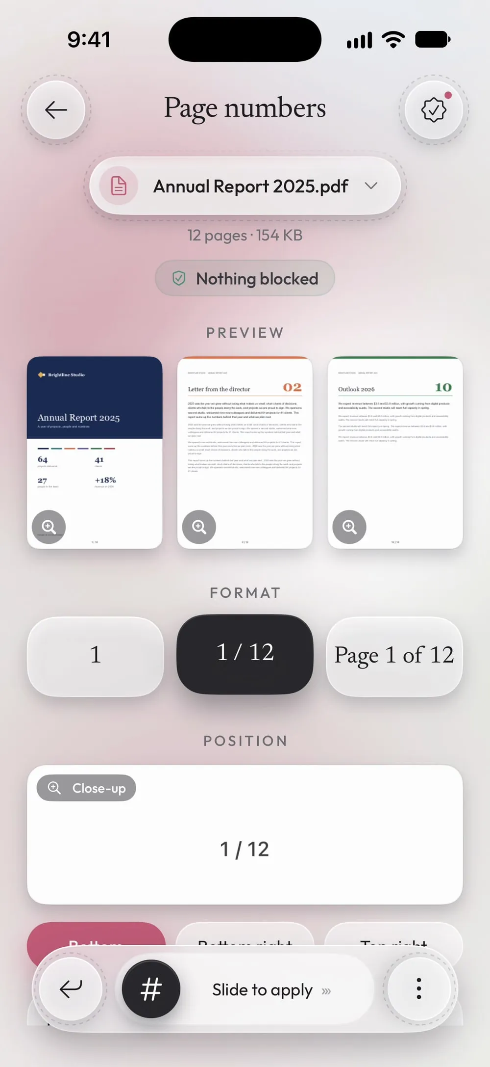 Page numbers with Annual Report 2025.pdf: preview of pages 1, 2 and 12 numbered 1 / 12