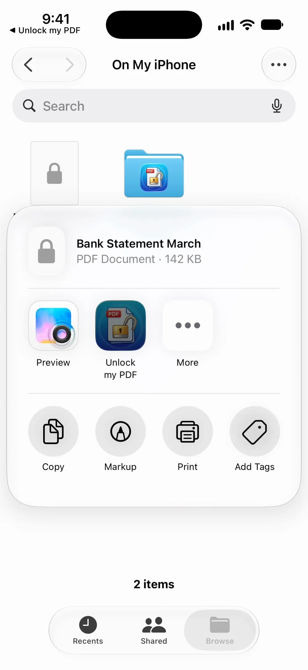 The share sheet of the PDF with Unlock my PDF among the apps