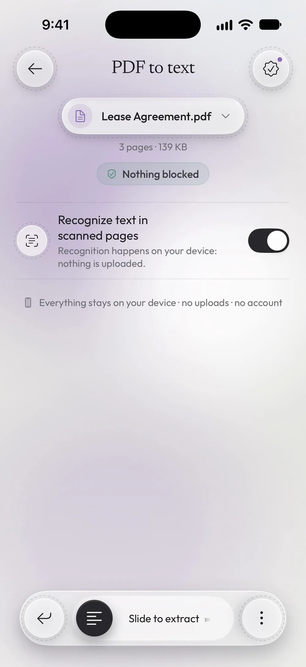 PDF to text with Lease Agreement.pdf and Recognize text in scanned pages turned on