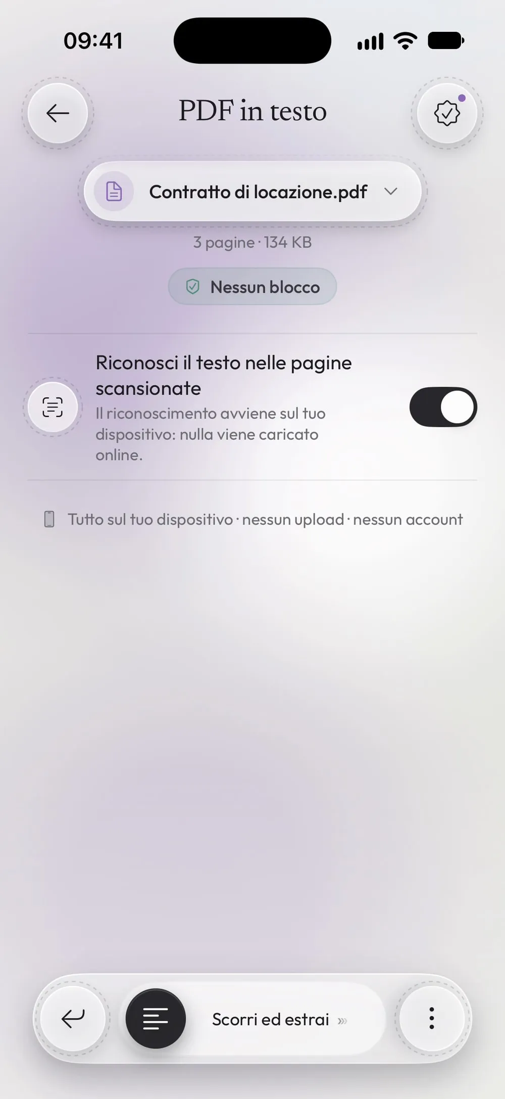 PDF in testo con Contratto di locazione.pdf e Riconosci il testo nelle pagine scansionate acceso