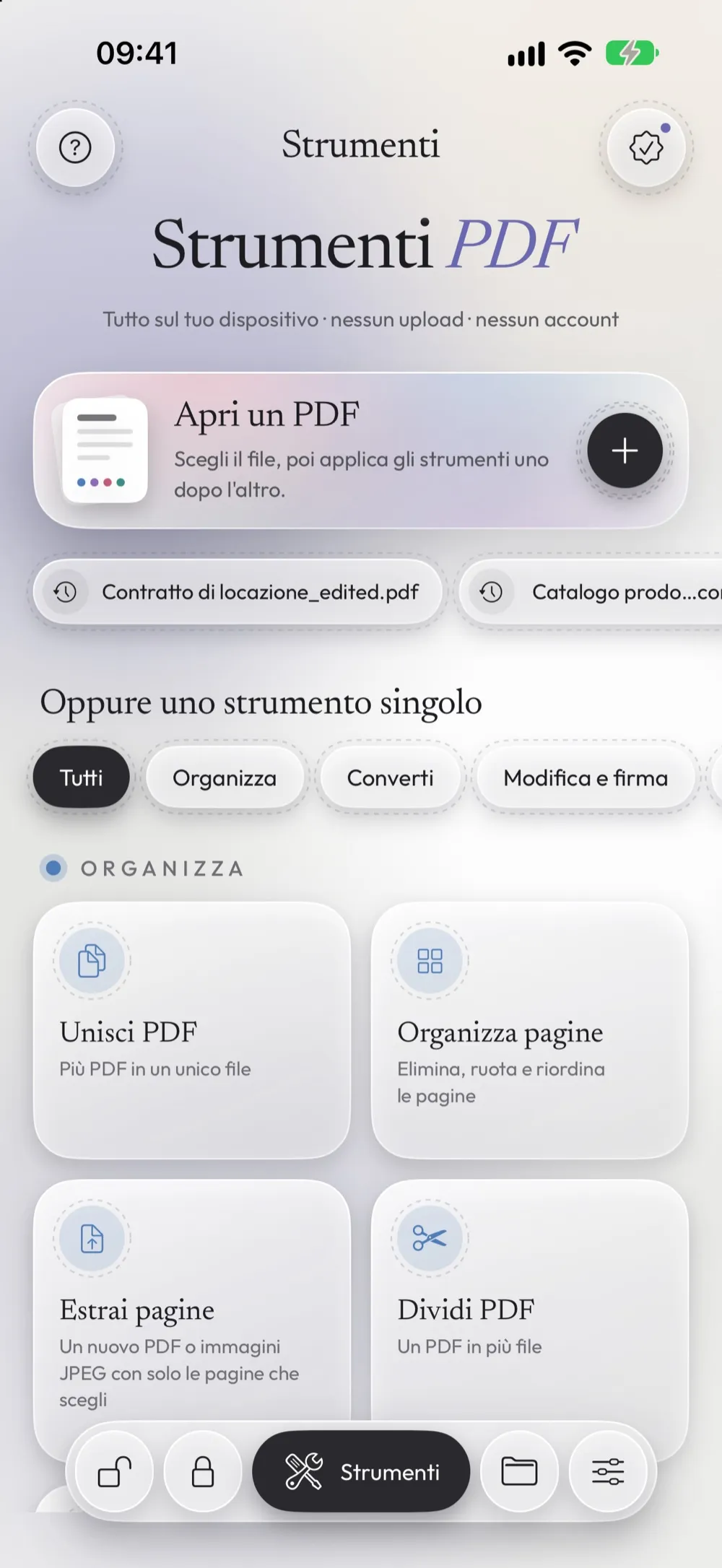 La schermata Strumenti con Unisci PDF, Organizza pagine, Estrai pagine e Dividi PDF