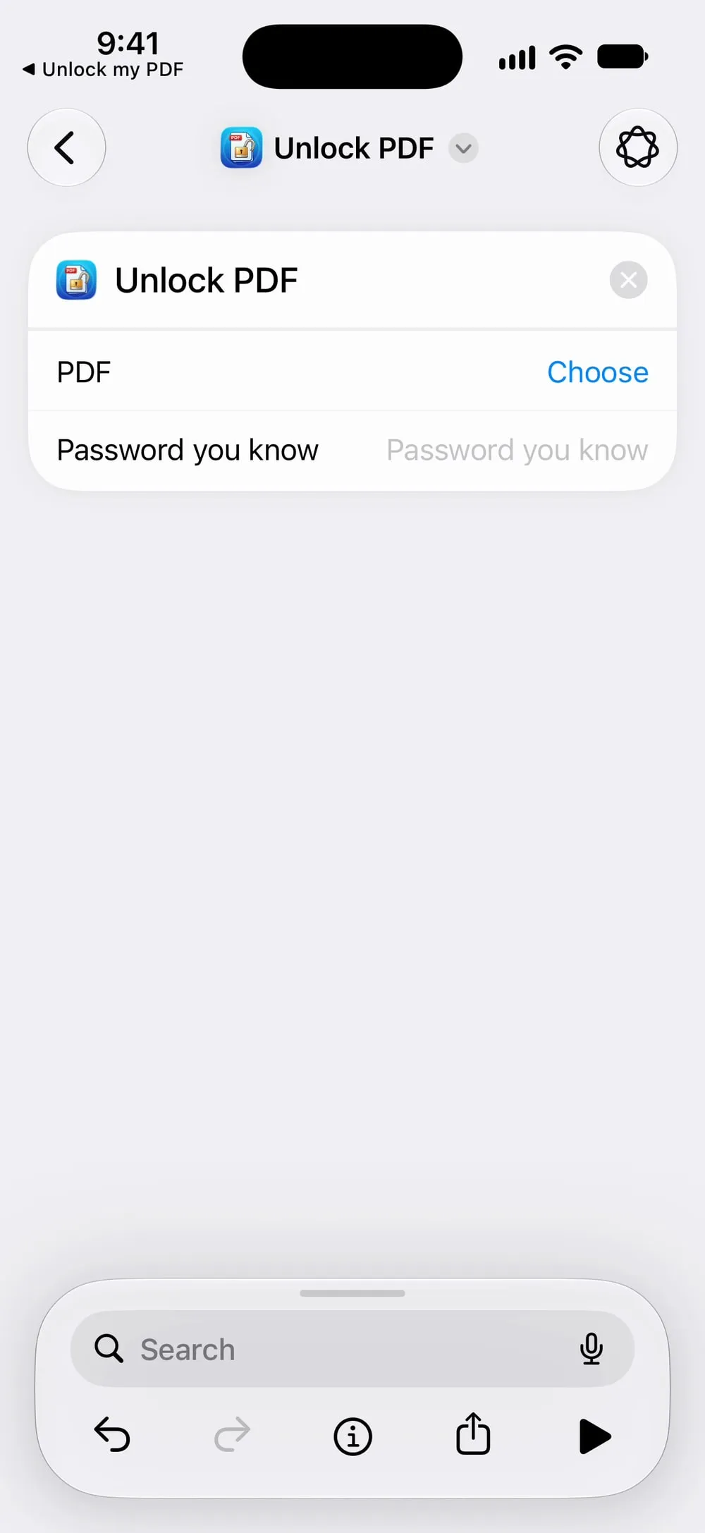 The Unlock PDF action with the PDF and Password you know fields
