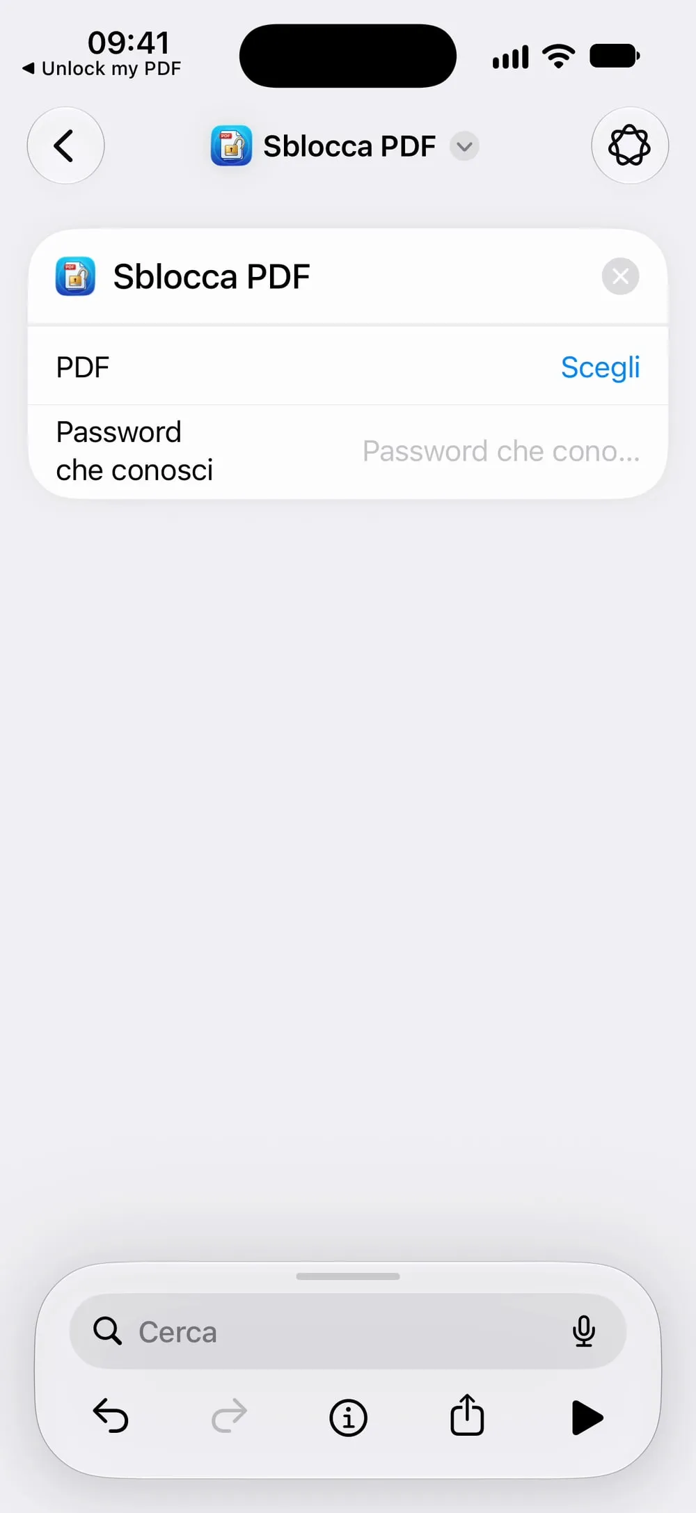 L'azione Sblocca PDF con i campi PDF e Password che conosci