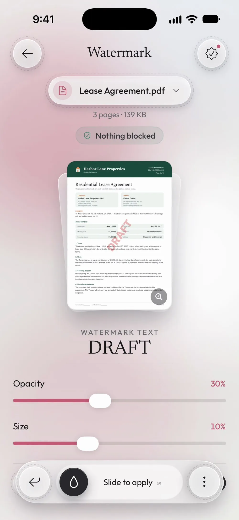 DRAFT in red, diagonal, on the preview of the contract
