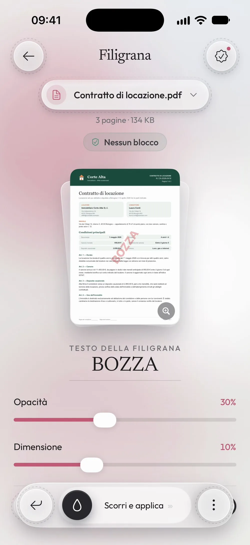 BOZZA in rosso, in diagonale, sull'anteprima del contratto