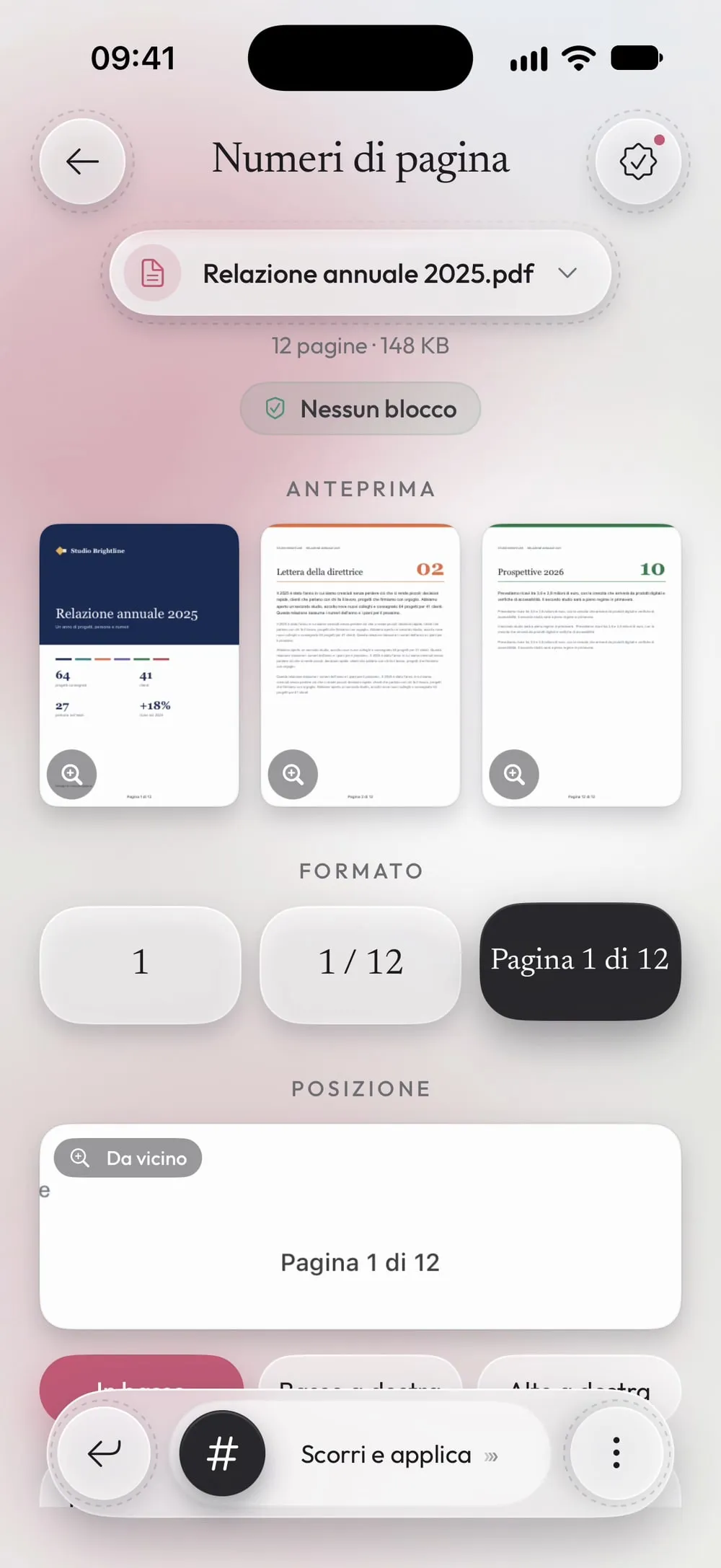 Il formato Pagina 1 di 12 scelto, mostrato da vicino