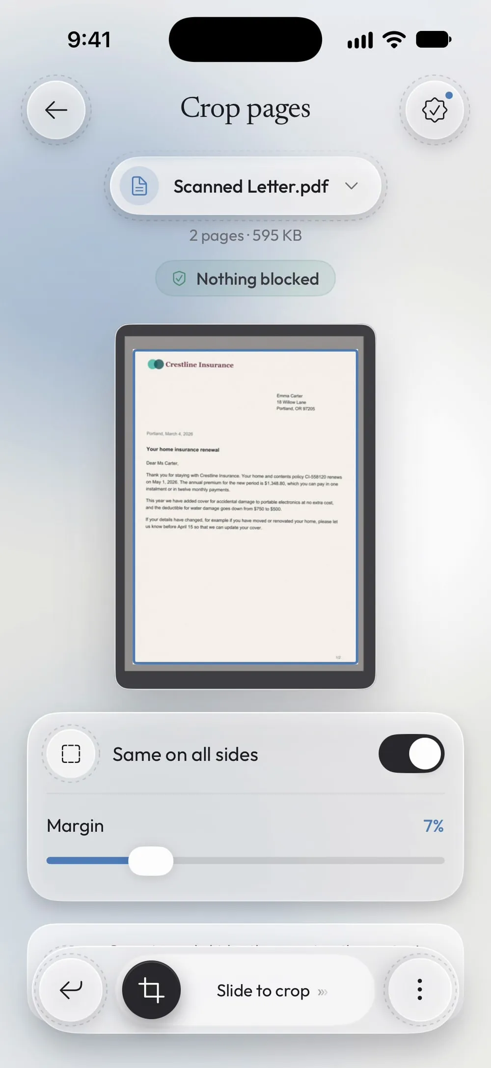 Margin set to 7%: the scanner's grey border is shaded in the preview