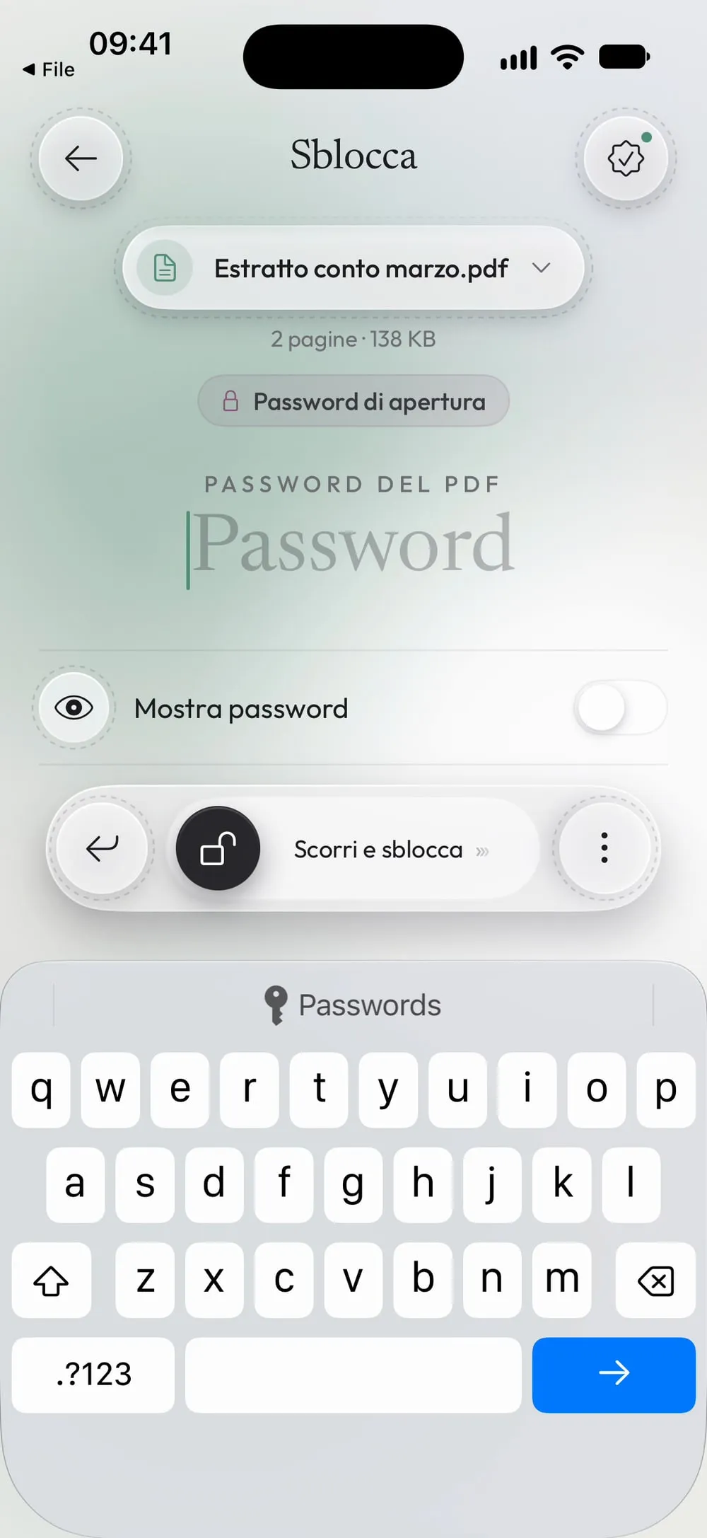 Unlock my PDF aperto con l'estratto conto caricato e la tastiera pronta per la password
