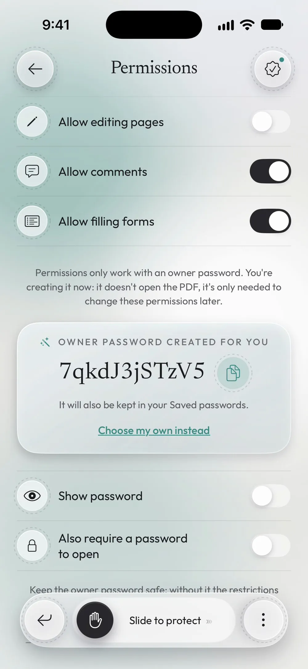 Owner password created by the app, with the copy button