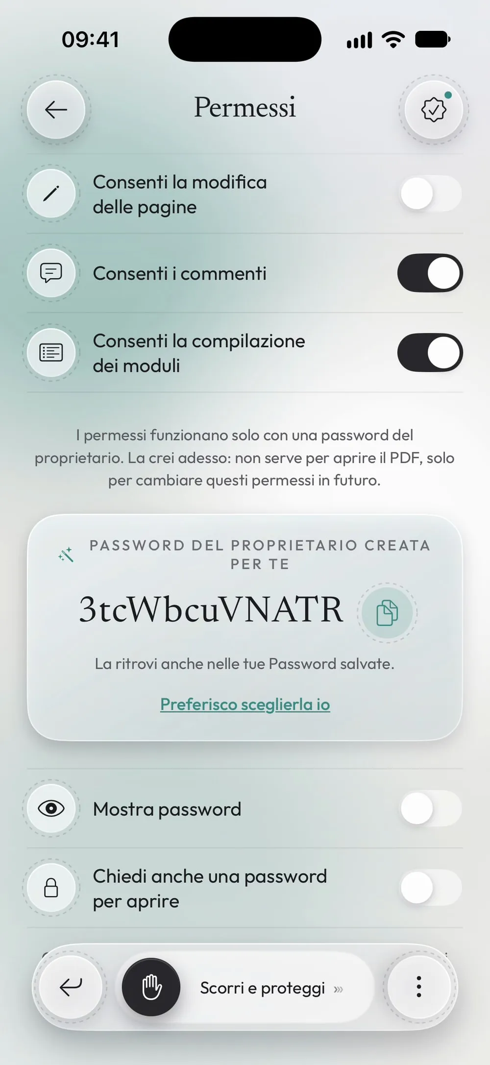 Password del proprietario creata dall'app, con il pulsante per copiarla