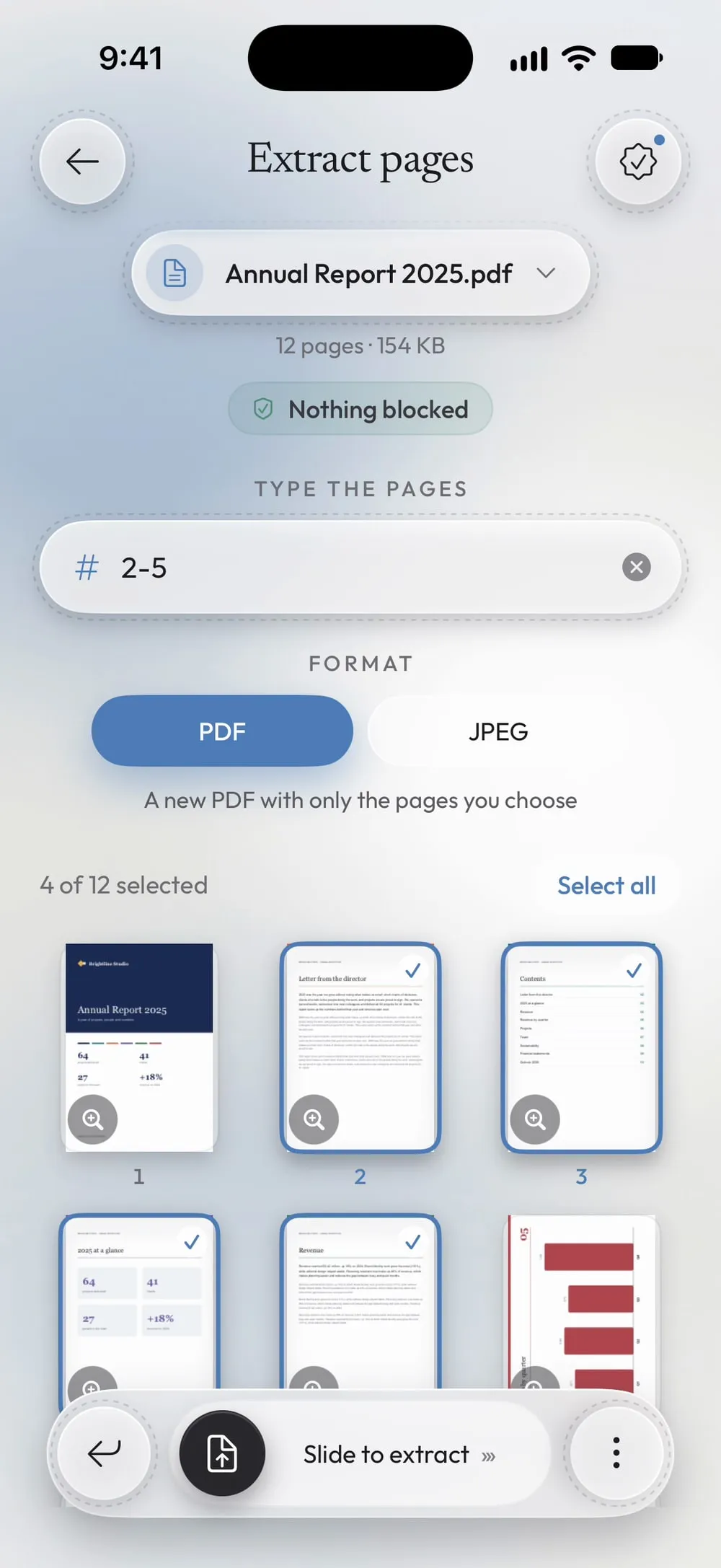 Extract pages with 2-5 typed: pages 2 to 5 selected, PDF format