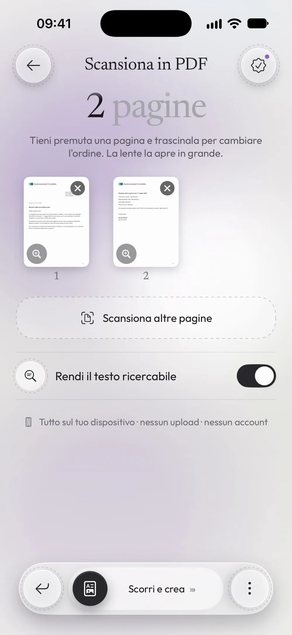 Due pagine scansionate, già raddrizzate e ritagliate, con Scansiona altre pagine