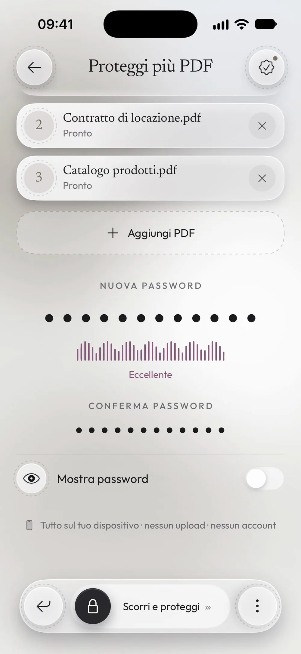 Nuova password e conferma scritte, robustezza Eccellente