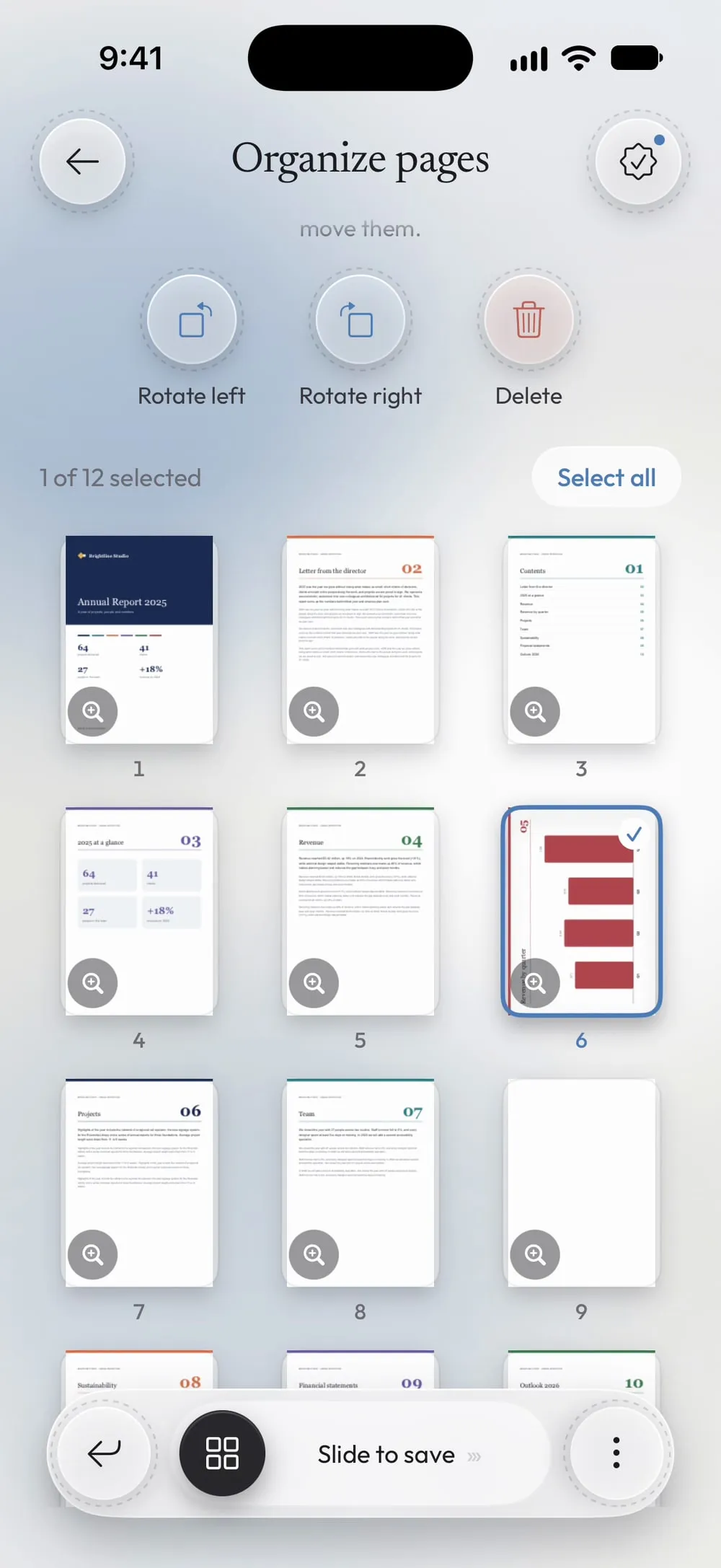 Organize pages with the sideways chart on page 6 selected