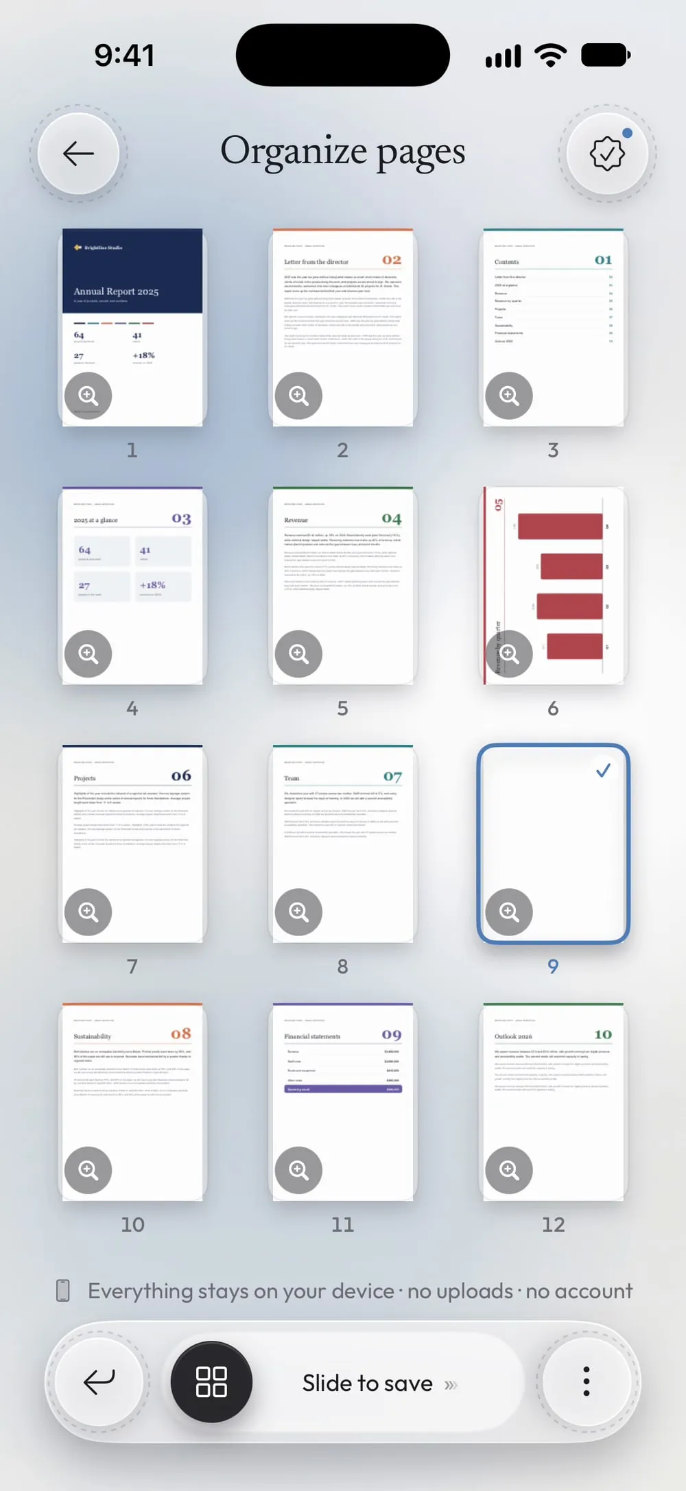 Organize pages with Annual Report 2025.pdf: the blank page 9 selected, 1 of 12 selected
