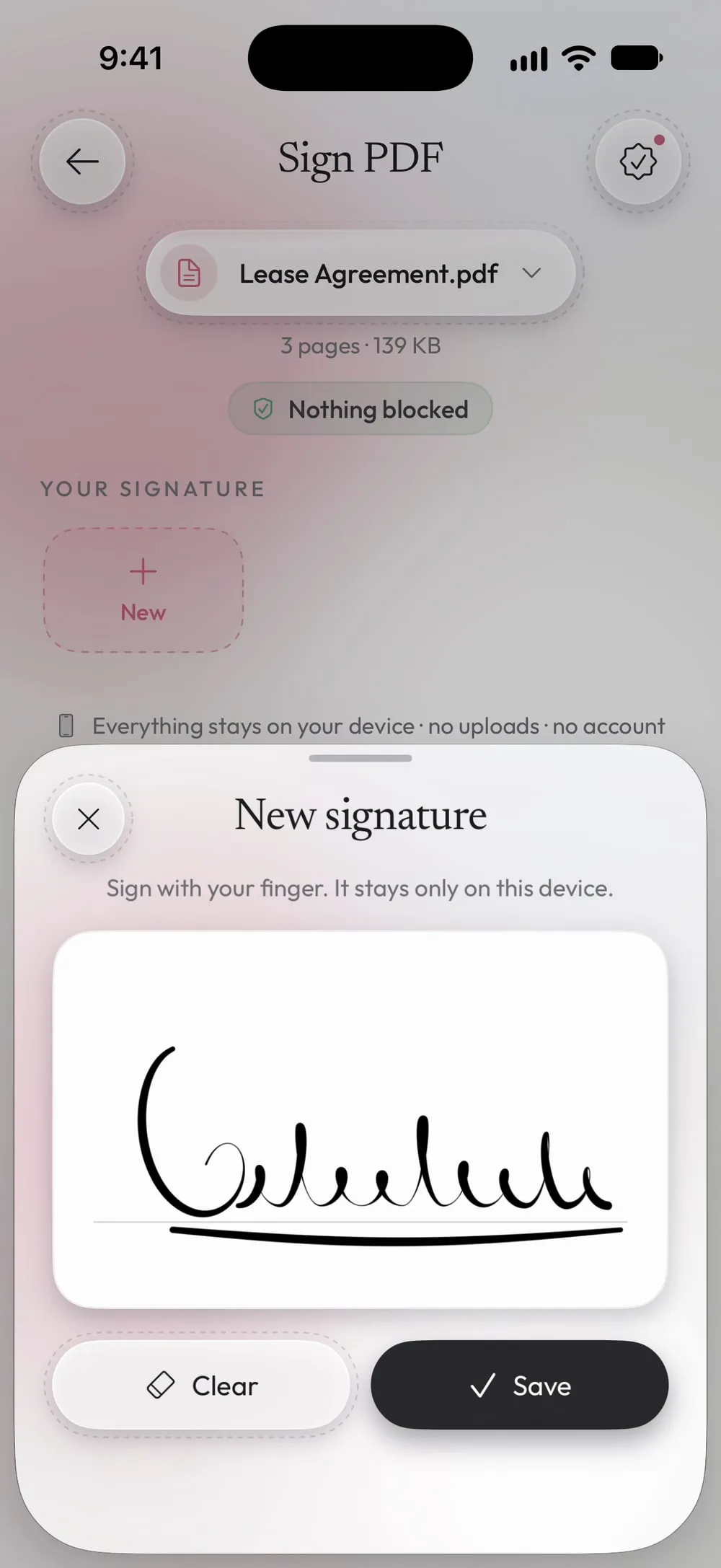 New signature: a signature drawn with the finger, with Clear and Save