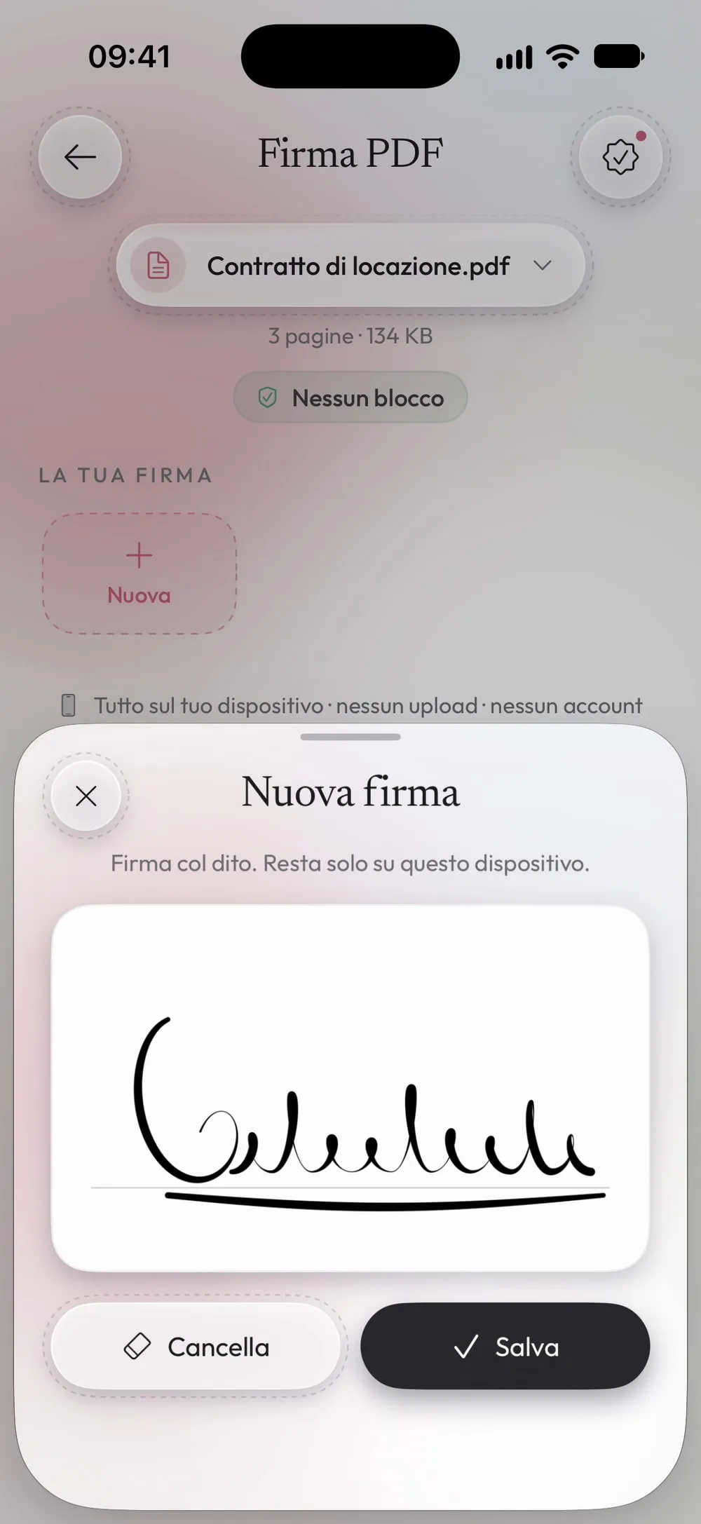 Nuova firma: una firma disegnata col dito, con Cancella e Salva