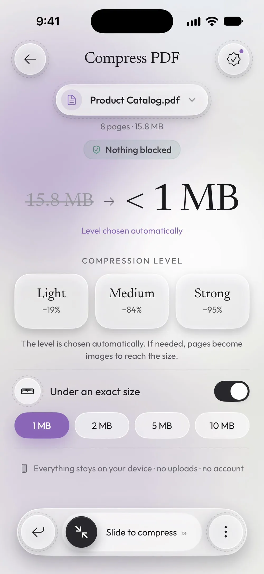 Under an exact size turned on: under 1 MB, level chosen automatically