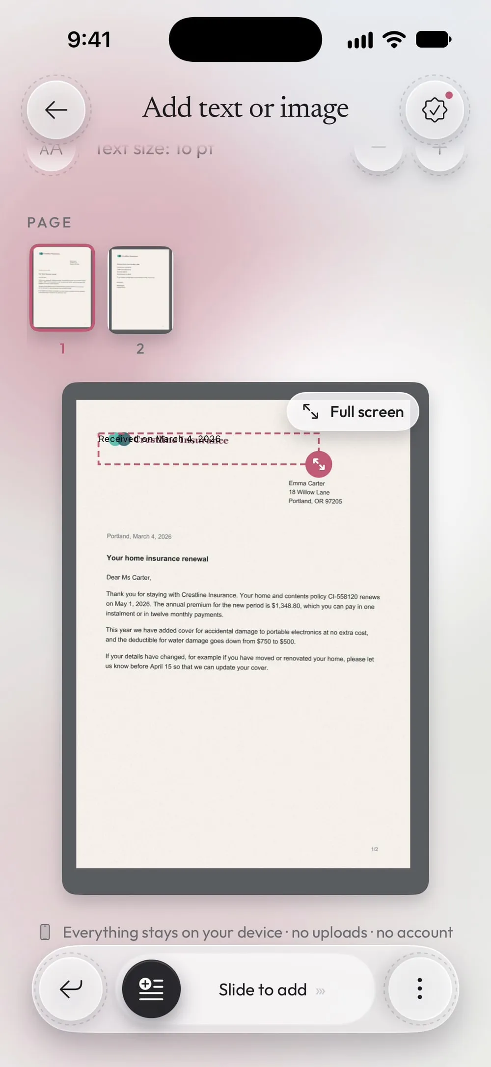 The note typed, shown at the top of page 1 with its dashed box