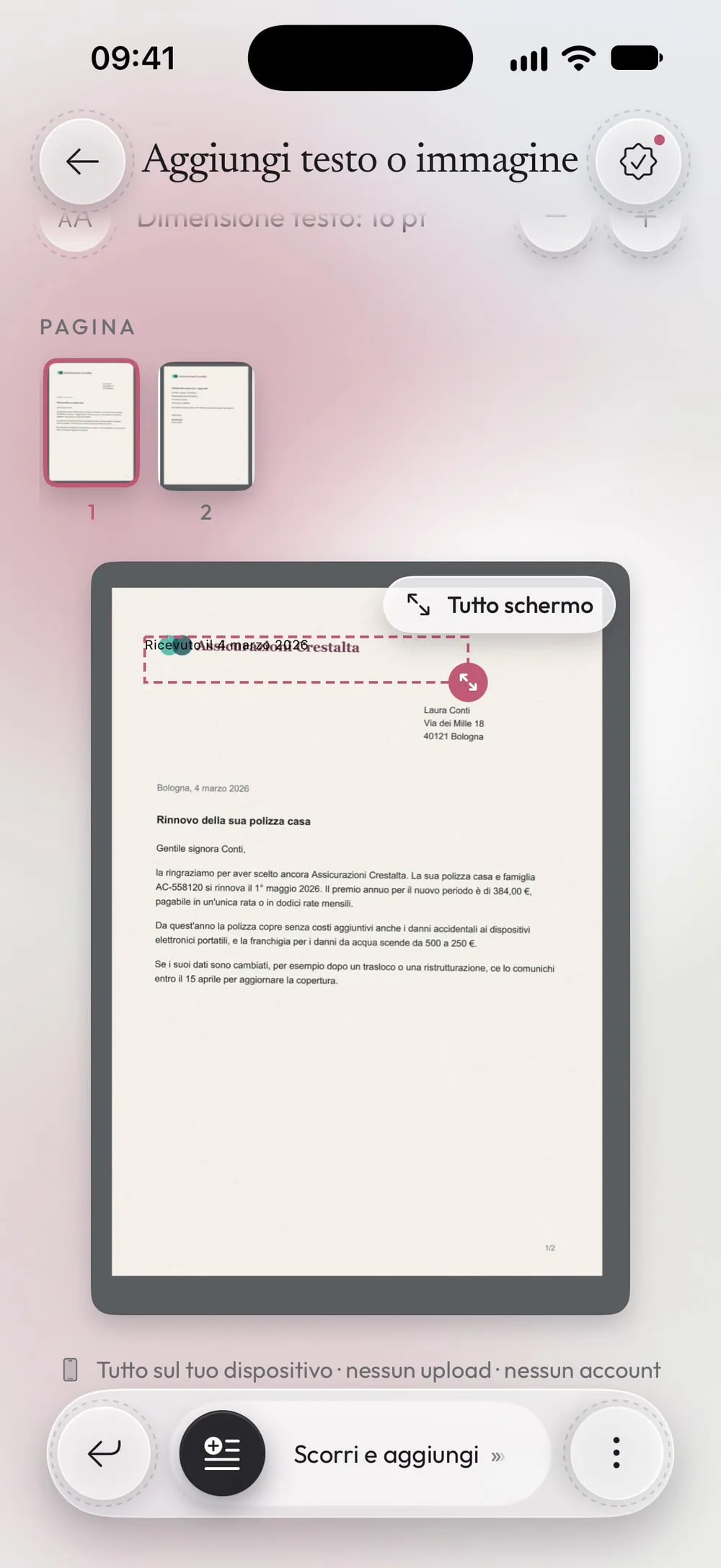 La nota scritta, in cima alla pagina 1 con il suo riquadro tratteggiato