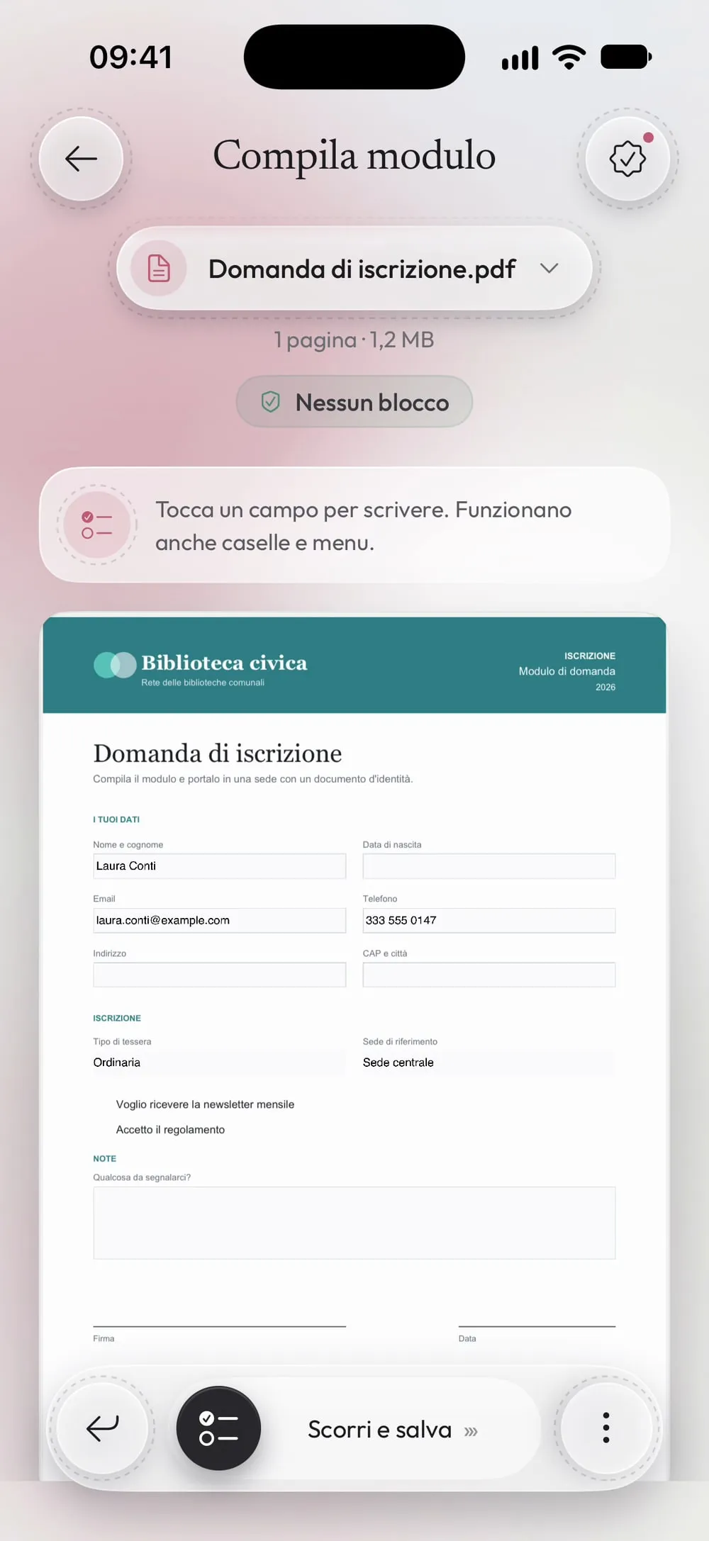 Compila modulo con Domanda di iscrizione.pdf: nome, email e telefono scritti nei campi